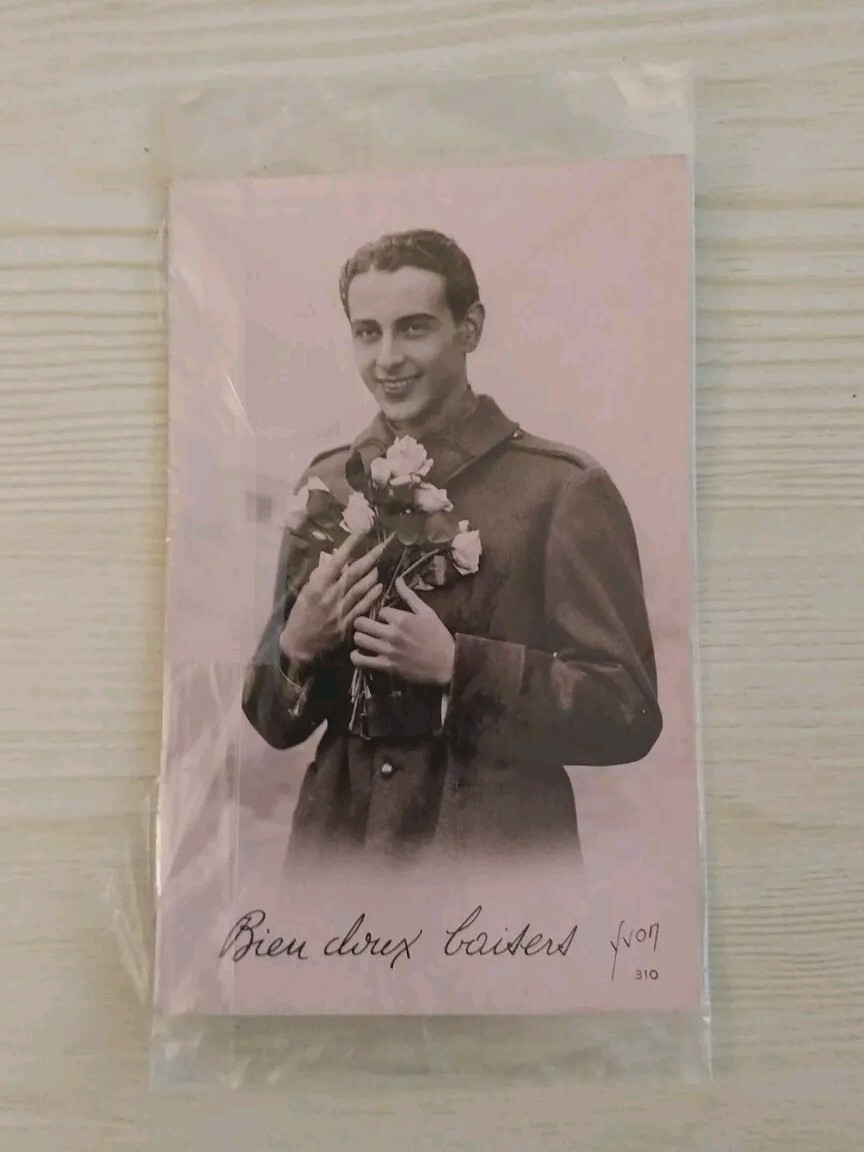 Vintage French RPPC Postcard Handsome Soldier Man Holding Flowers  Tinted  Photo