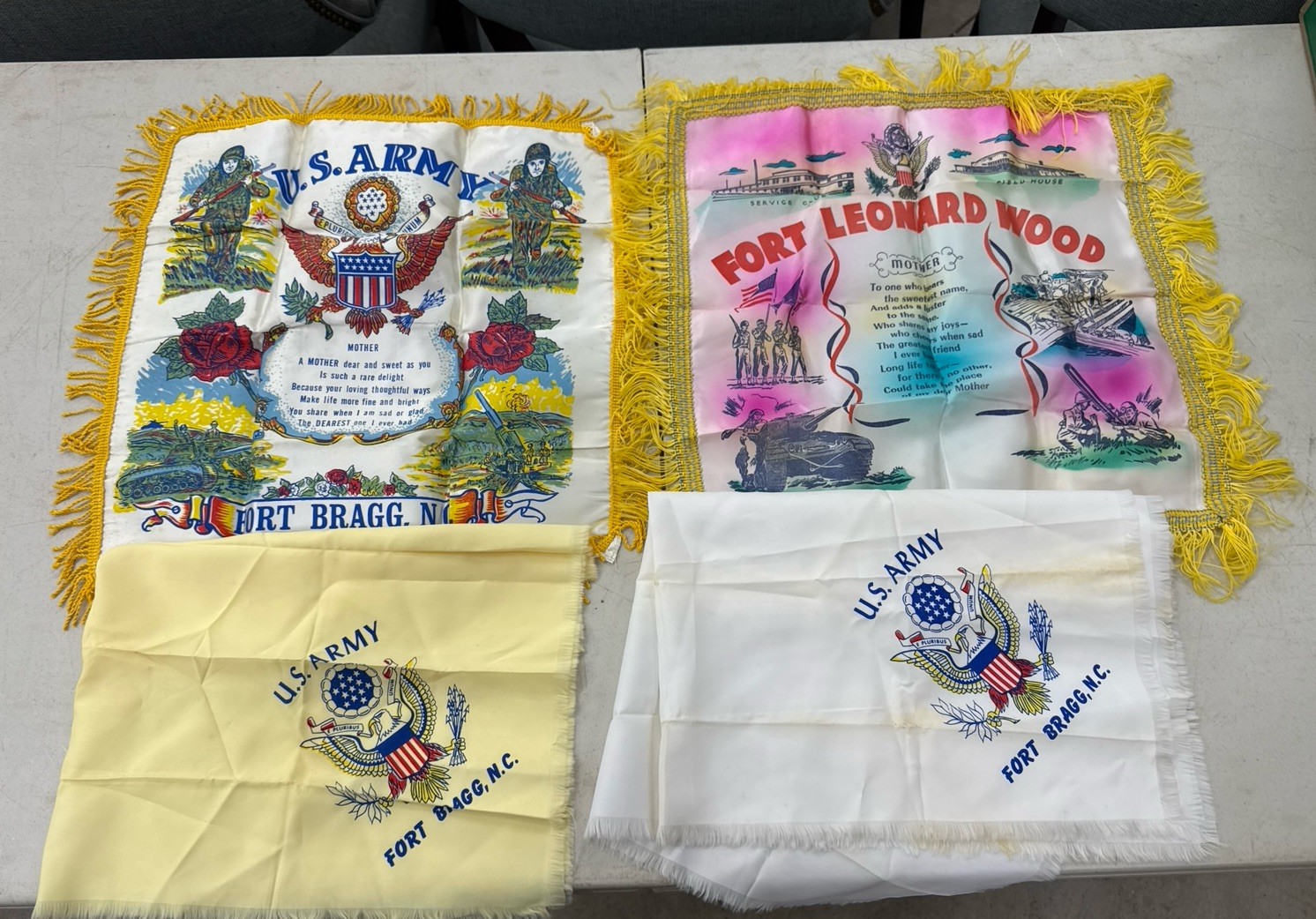 Us Army Fort Bragg/Leonard Wood Sham Mother Poem Red Roses Yellow Fringe Satin