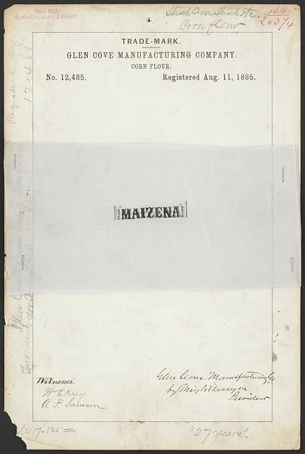 Glen Cove Manufacturing Co Maizena Corn Flour Trademark 1885 Registration