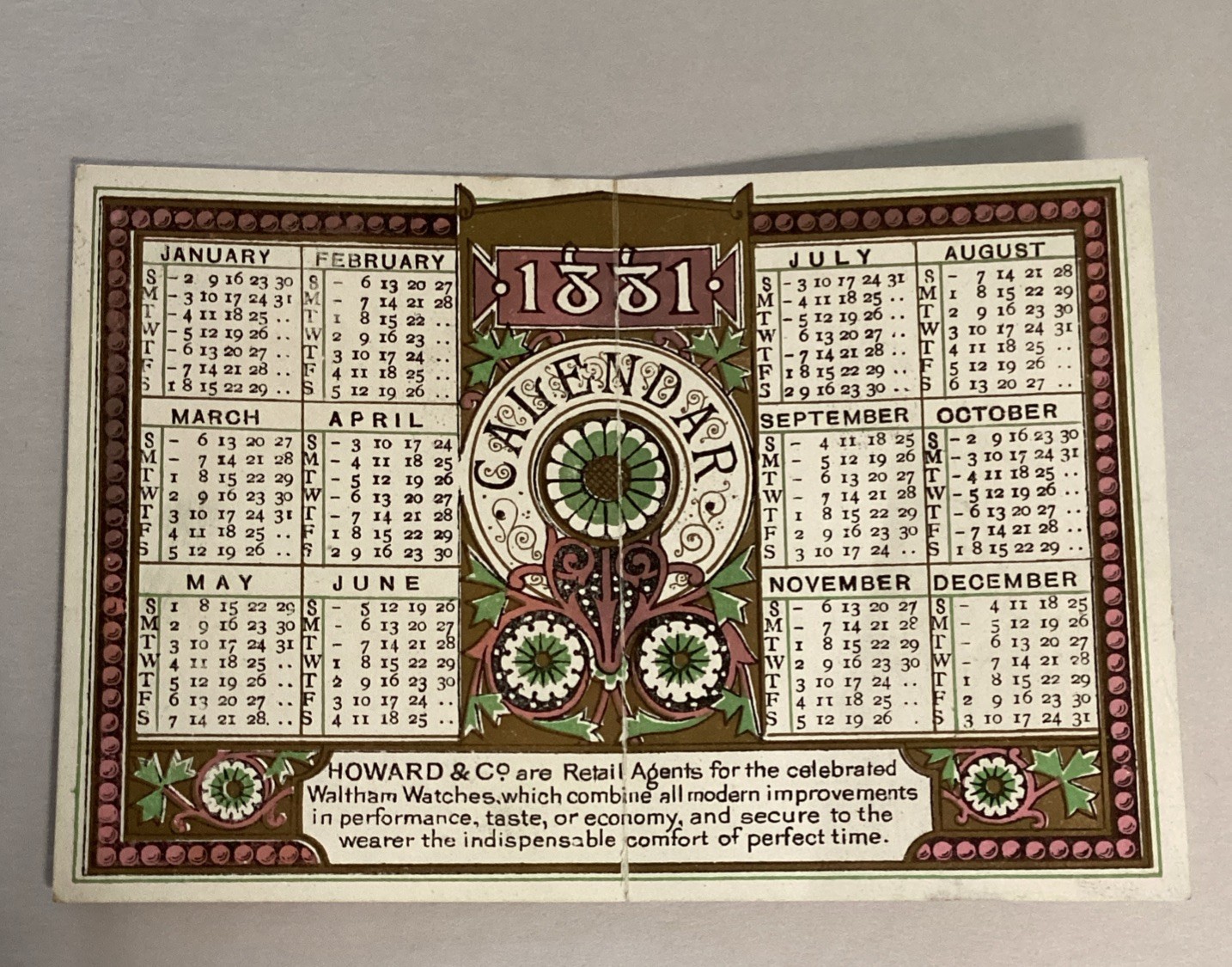 Rare 1881 Howard & Co Trade Card Advertising Victorian Calendar Waltham Watches