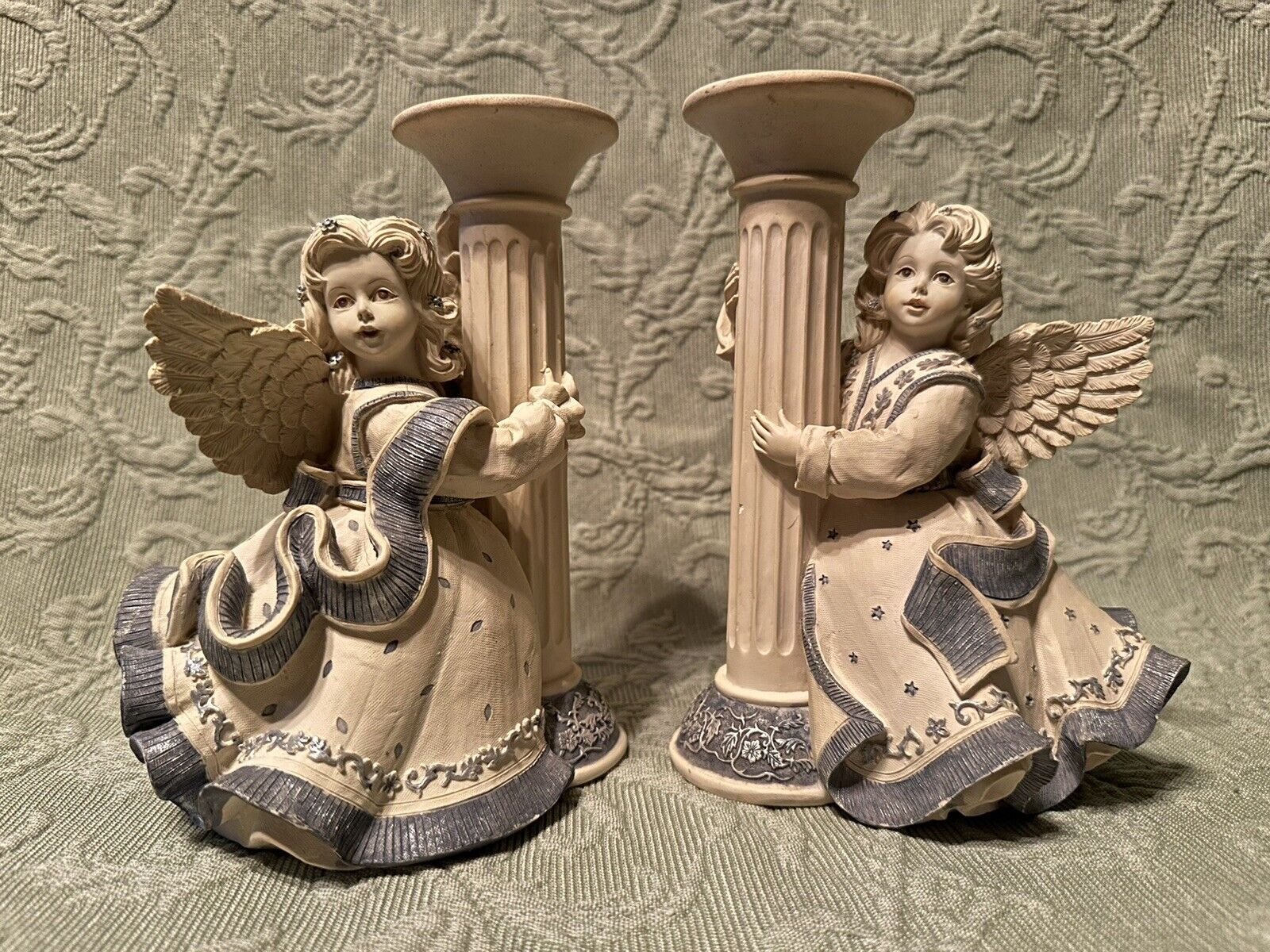 Vintage Sarah's Angel Blue & White Candle Holders w/ Rose and Violet Design