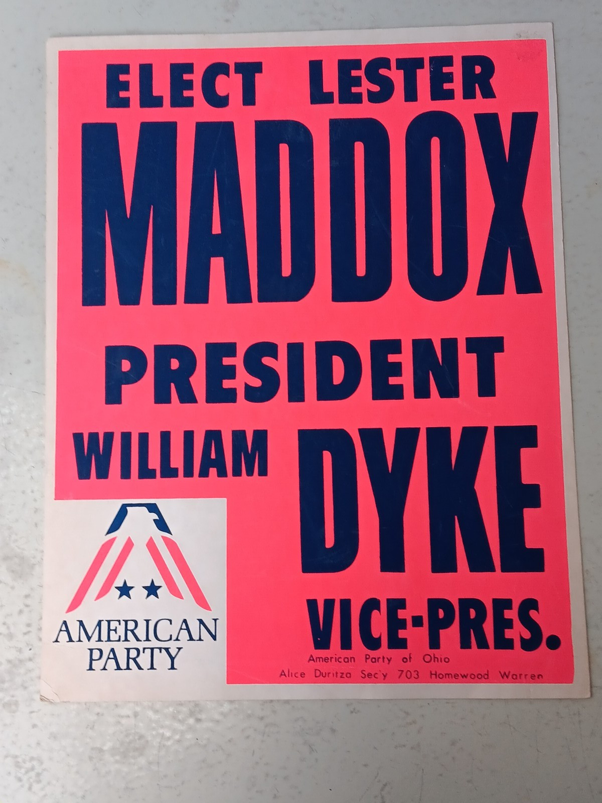 Vintage Poster For American Party Presidential Candidate Lester Maddux