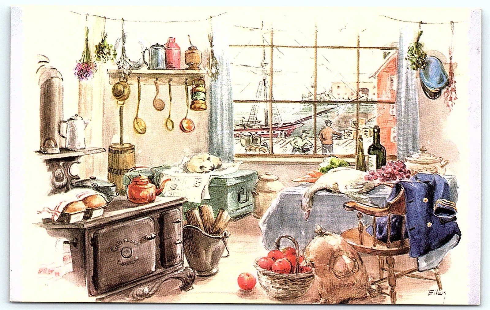 Vintage postcard: Ellen's harbor kitchen scene
