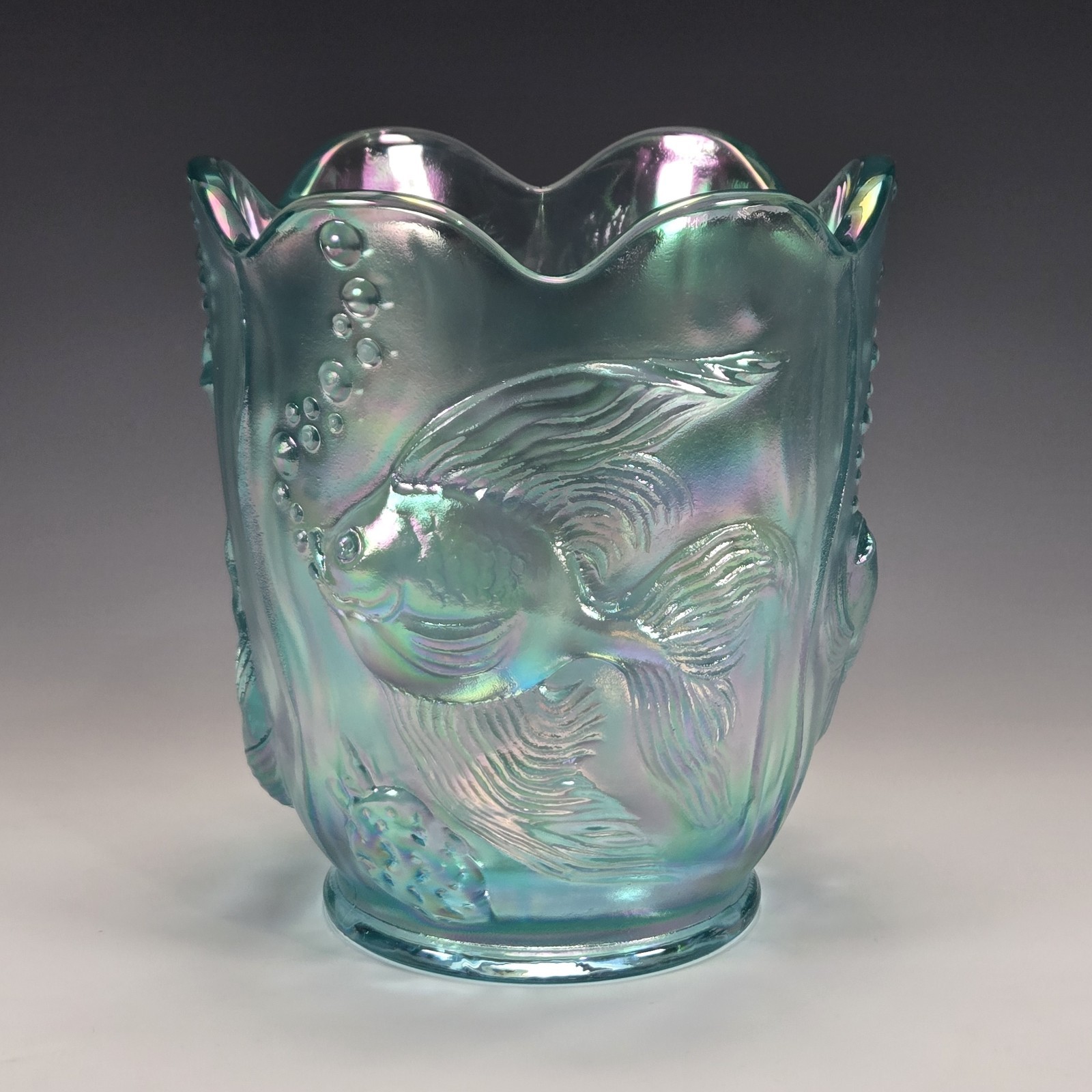 Fenton Atlantis Koi Fish Vase Aquamarine Iridized Carnival Satin 1999 No 5150 AC