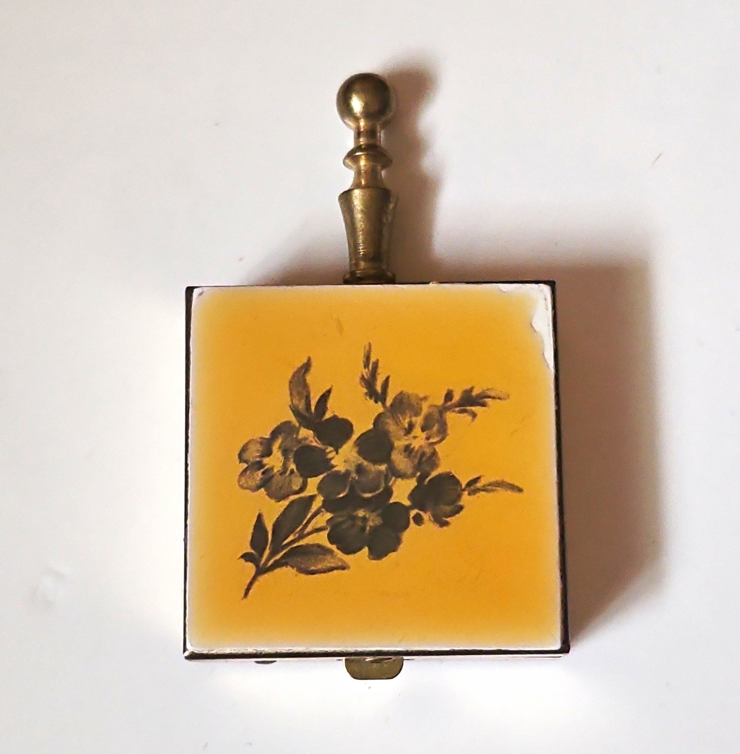Vintage Square Metal Match Holder Vesta Case with Floral Enamel Lid Flip Top