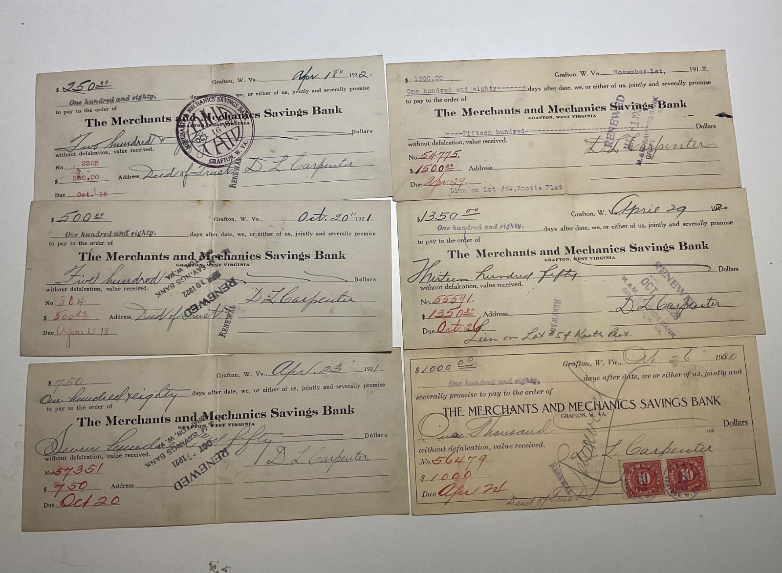 1919-1922 Grafton WV Bank Promissory Notes Lot of 6 Revenue Stamps Antique