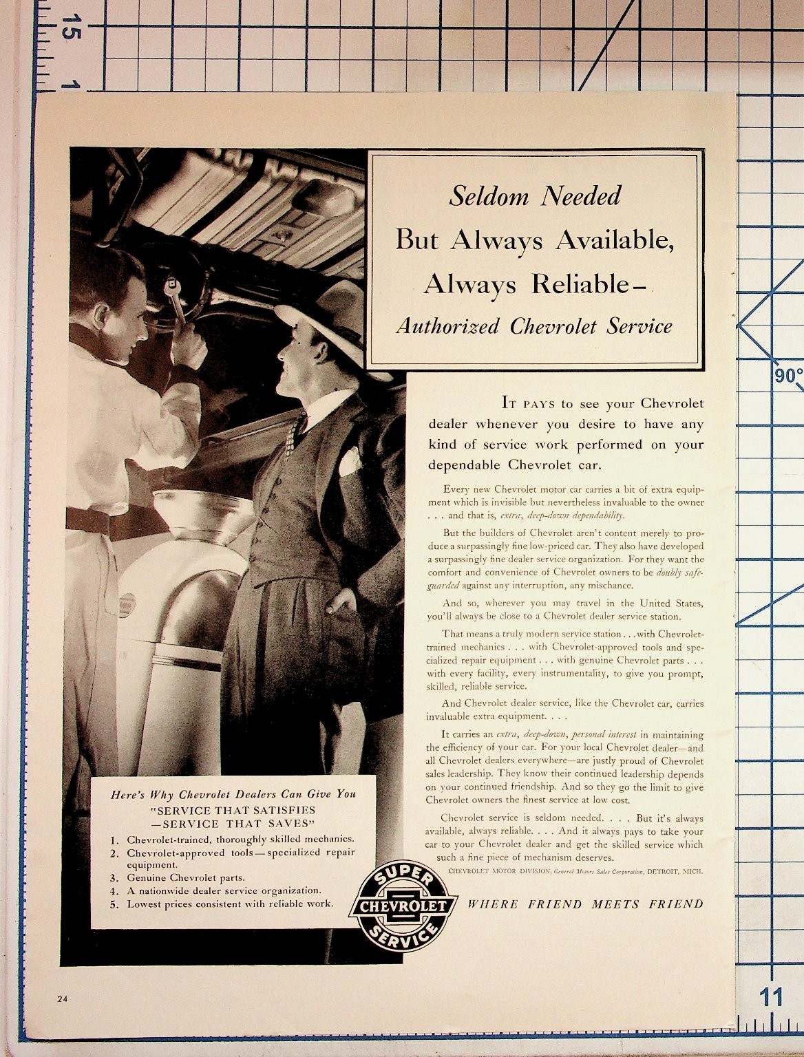 Vintage Chevrolet Super Service Ad 1930s Mechanic Dealer GM Ephemera Vintage Chevrolet Super Service Ad 1930s Mechanic Dealer GM Ephemera