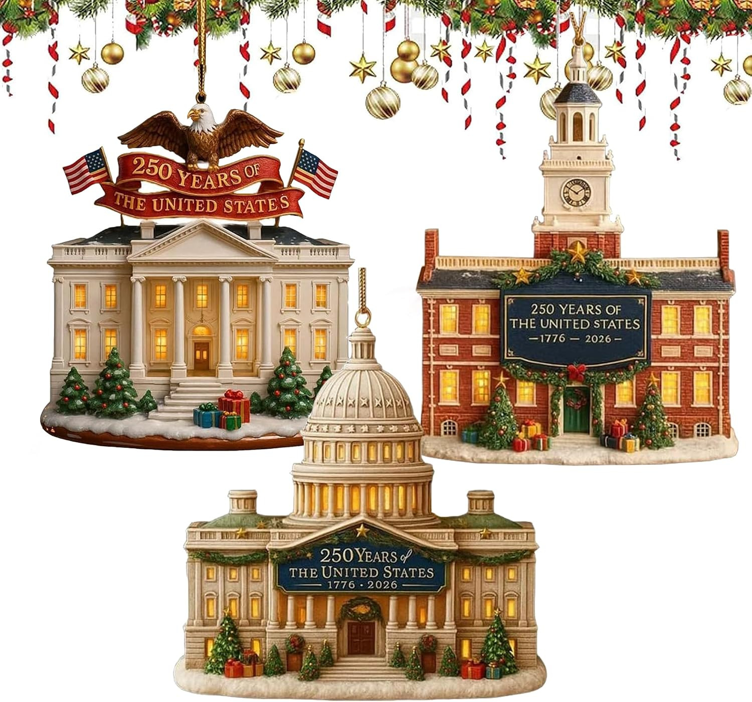 3Pc 250Th Anniversary White House Christmas Ornament America 250Th 2026