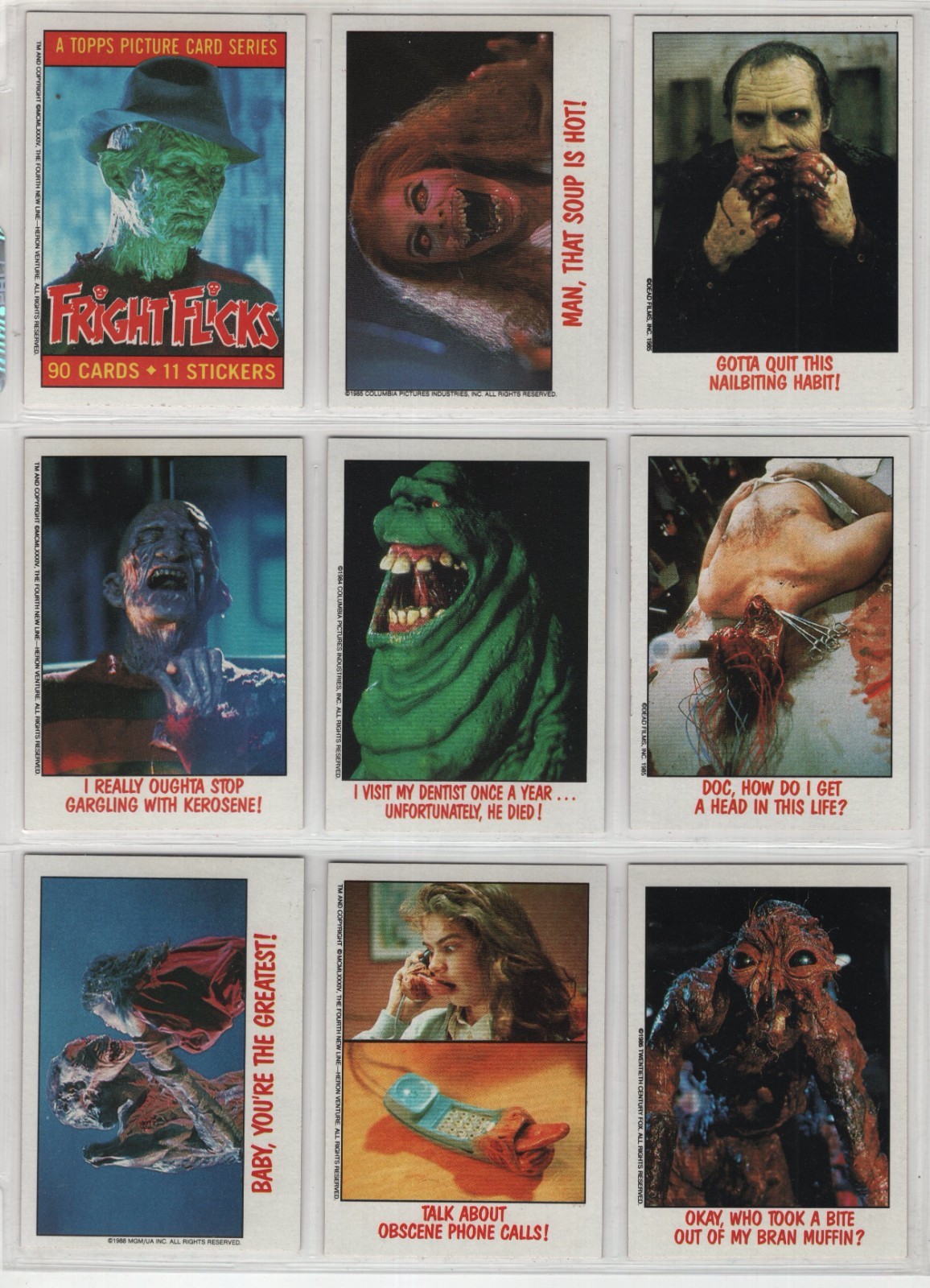 1988 Topps Fright Flicks Complete 90 Card Set + 11 Stickers + All 4 Wrappers