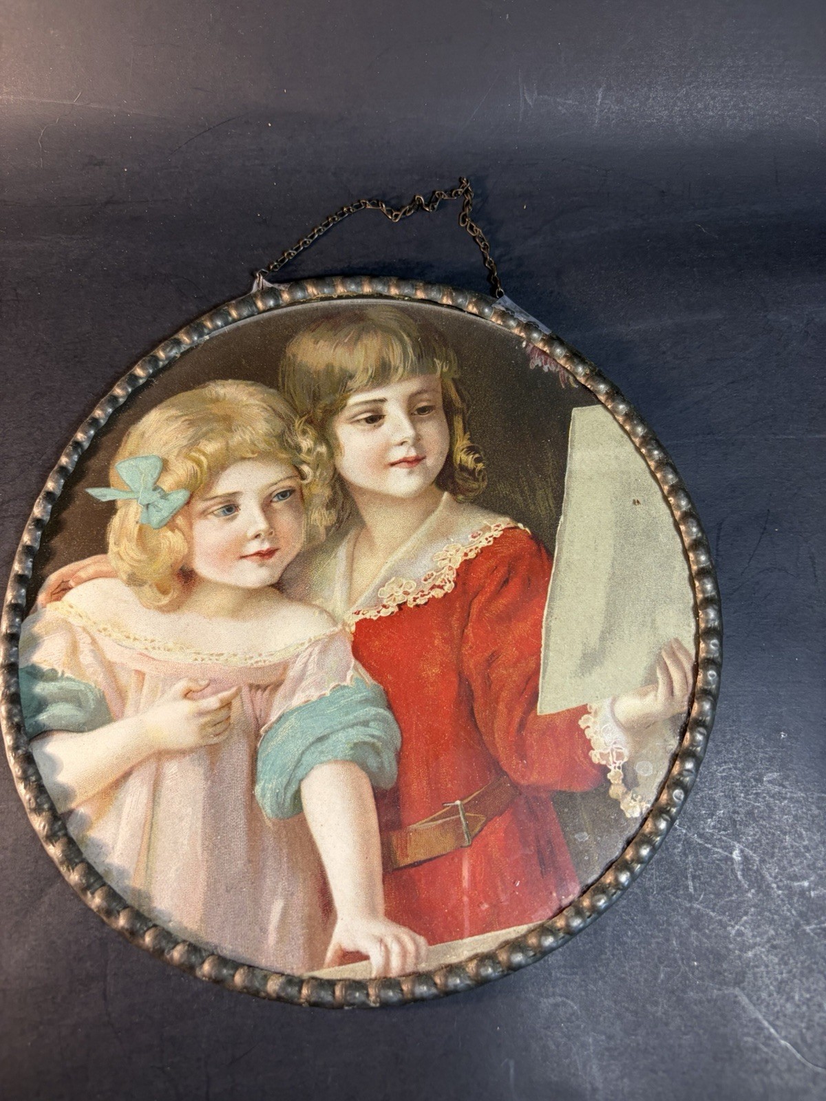 Antique 7.5” German Flue Cover Two Young Ladies - Chain Loose (broken Hook Holes