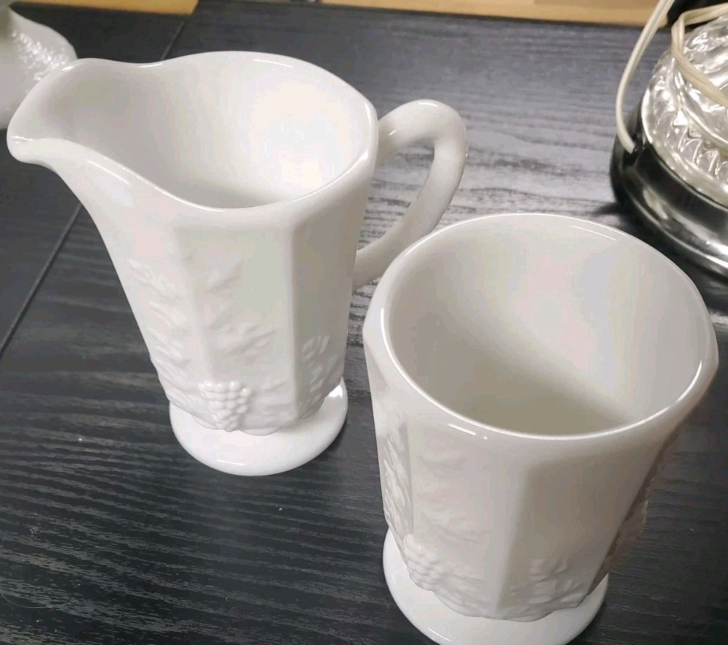 Westmoreland Milk Glass Paneled Grape Sugar & Open Creamer-2pc Vtg Pattern #1881