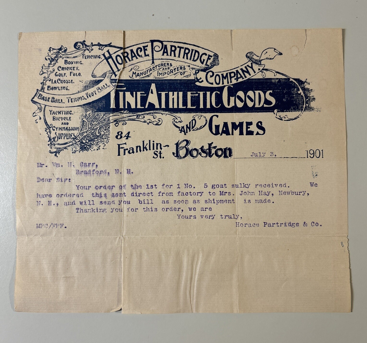 Antique 1901 Horace Partridge Co. Fine Athletic Goods Purchase Order Letter