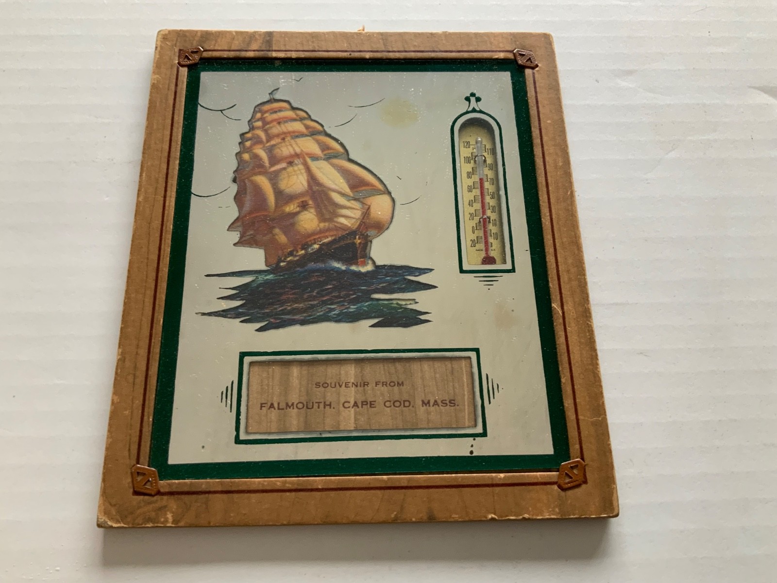 VTG Thermometer TALL SHIP Wall Plaque Cape Cod FALMOUTH MASS. 6”x7”