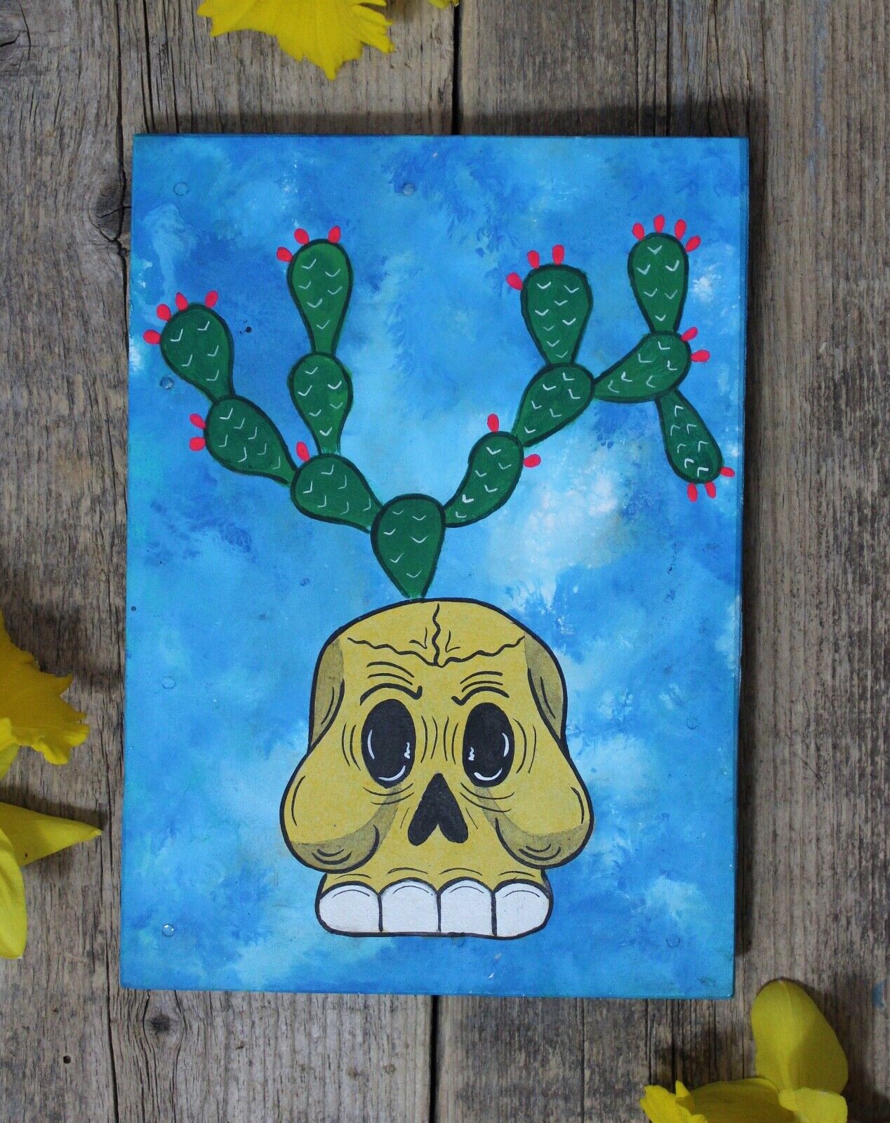 Skull with Cactus Horns Painting Day of the Dead by Becca Mexican Folk Art
