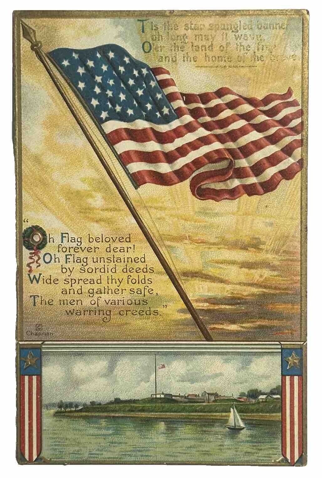Patriotic Postcard Decoration Day USA Flag Beloved Forever Sailboat u/s Chapman
