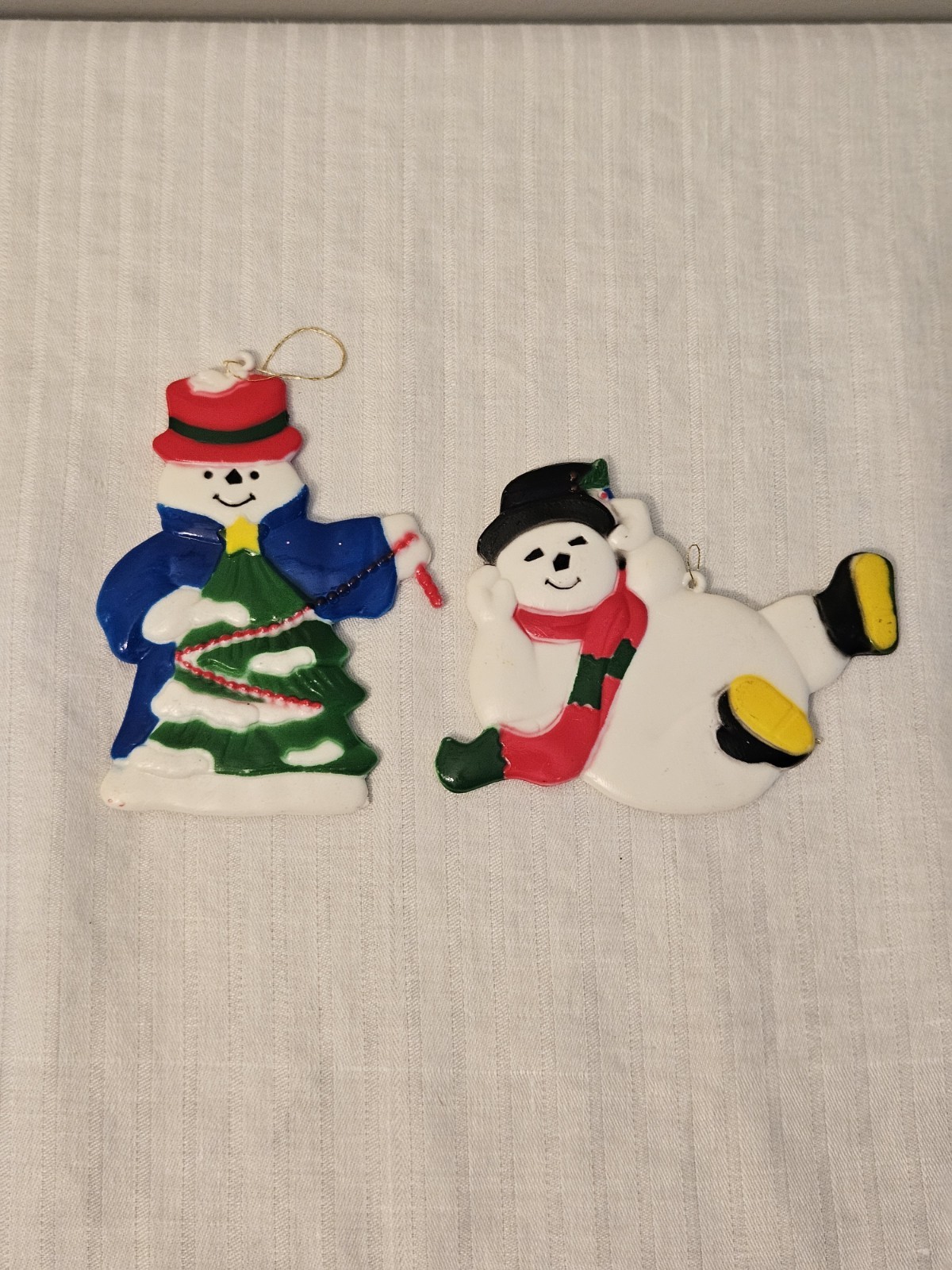 Vintage Resin Snowman Christmas Ornaments Pair 1990s Flatback Set of 2 China