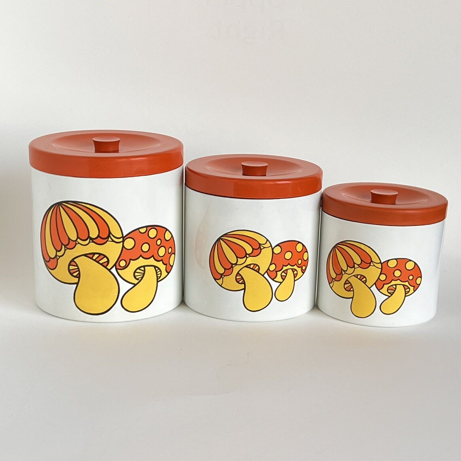 Vintage Set of 3 Mushroom Canisters Lacquerware 70’s Orange Yellow SS