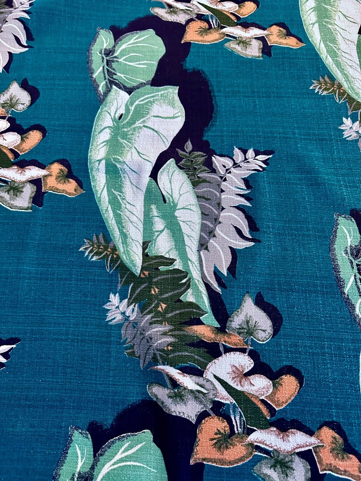 South Beach Art Deco Mint Jadeite Caladium Leaf on Teal Barkcloth Vintage Fabric