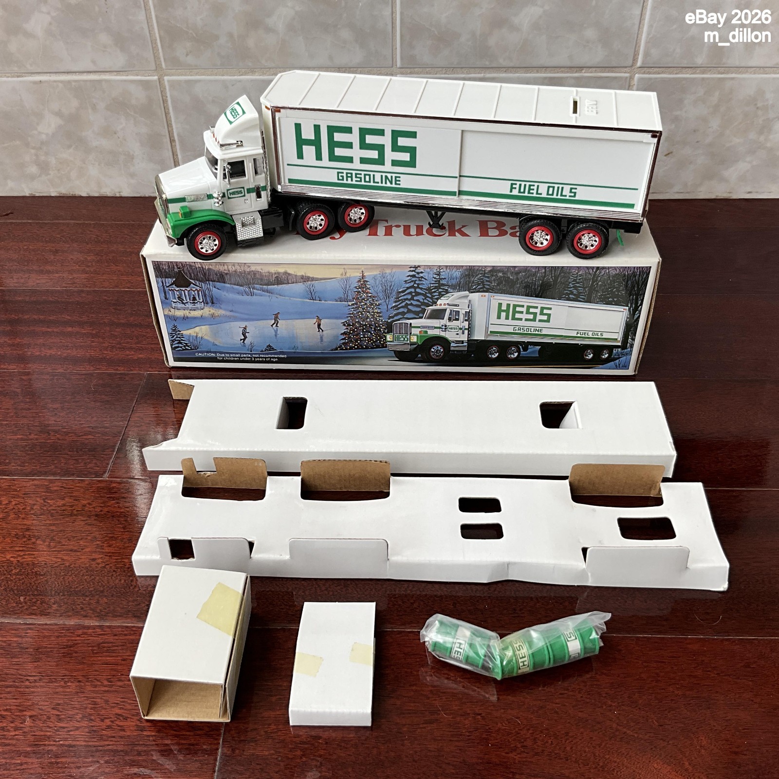 NIB 1987 Hess Toy Truck Bank w/ Barrels in Box - Rare Gold Grille, Made in China