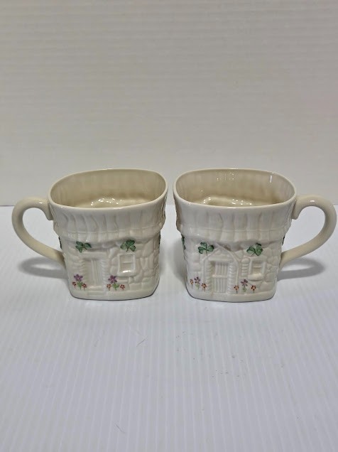 Pair Belleek Irish Cottage Shamrock Mugs Basketweave Porcelain Coffee Teacups