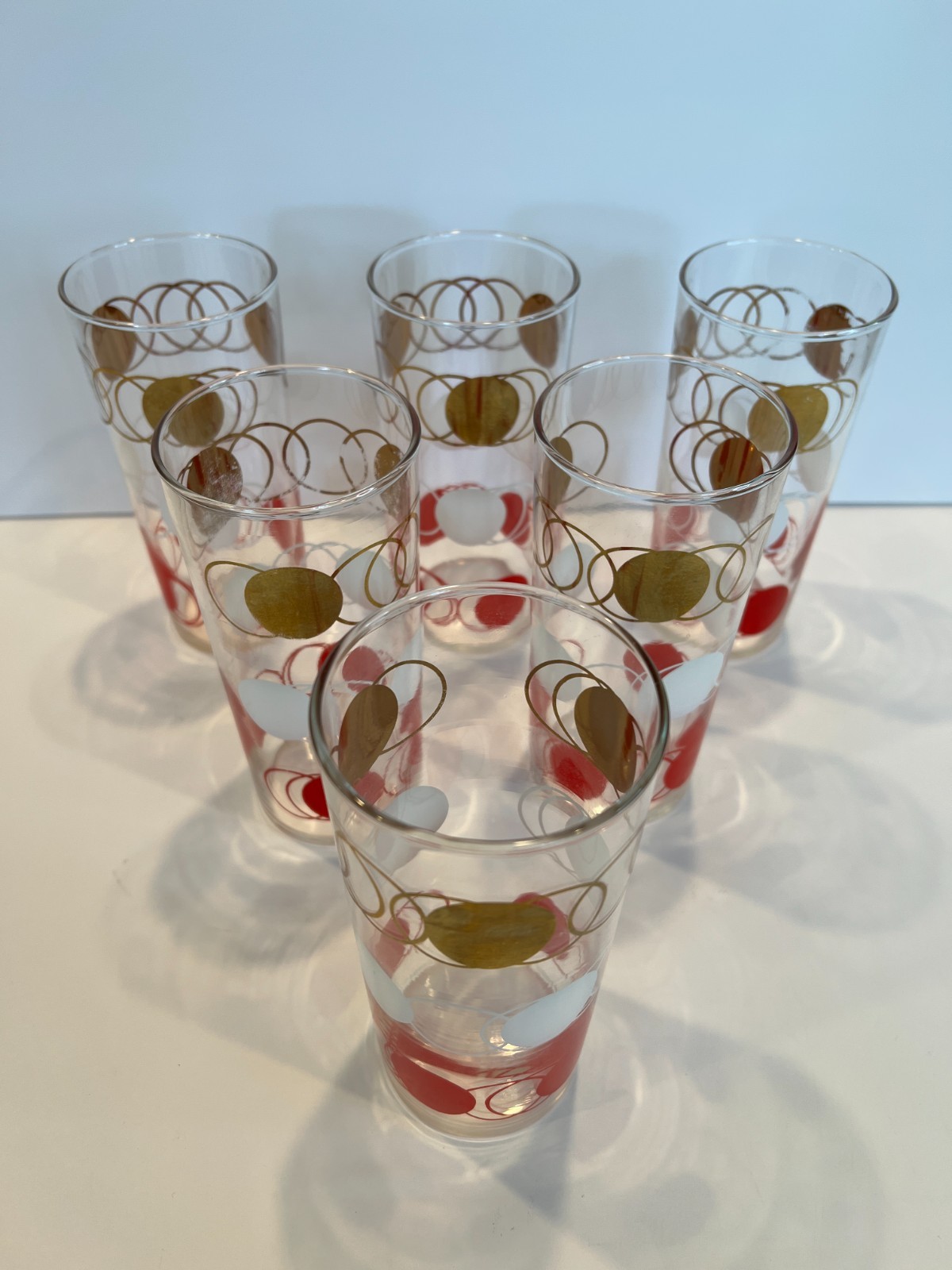 Five Vintage Drink Tumbler Federal Retro Gold White Red Atomic Dots *READ*