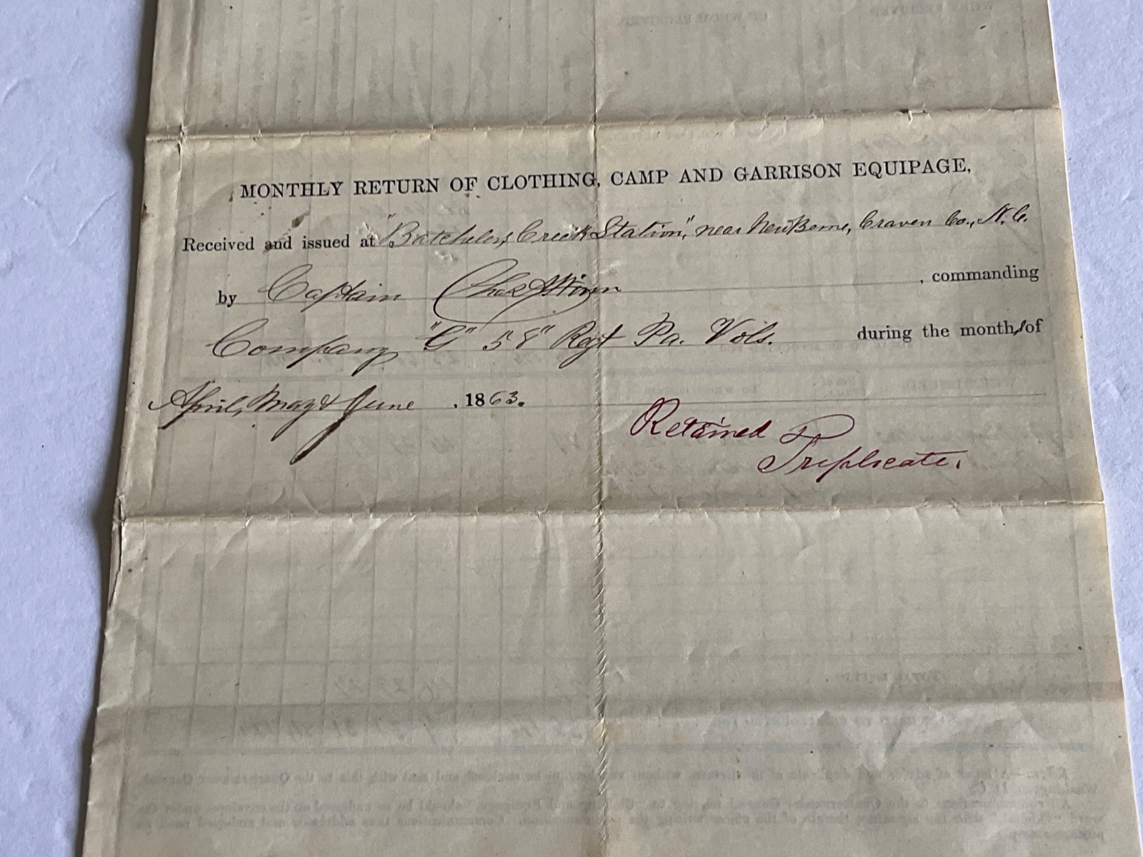 CIVIL WAR 58th PENN VOLS RGT BATCHELOR CREEK NEW BERN N.C. 1863 CAPTAIN WINN CIVIL WAR 58th PENN VOLS RGT BATCHELOR CREEK NEW BERN N.C. 1863 CAPTAIN WINN