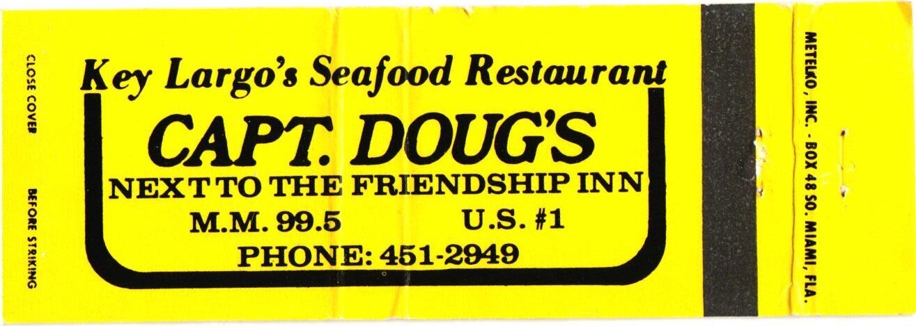 Key Largo\'s Seafood Restaurant Capt. Doug\'s Key Largo FL Vintage Matchbook 1970s