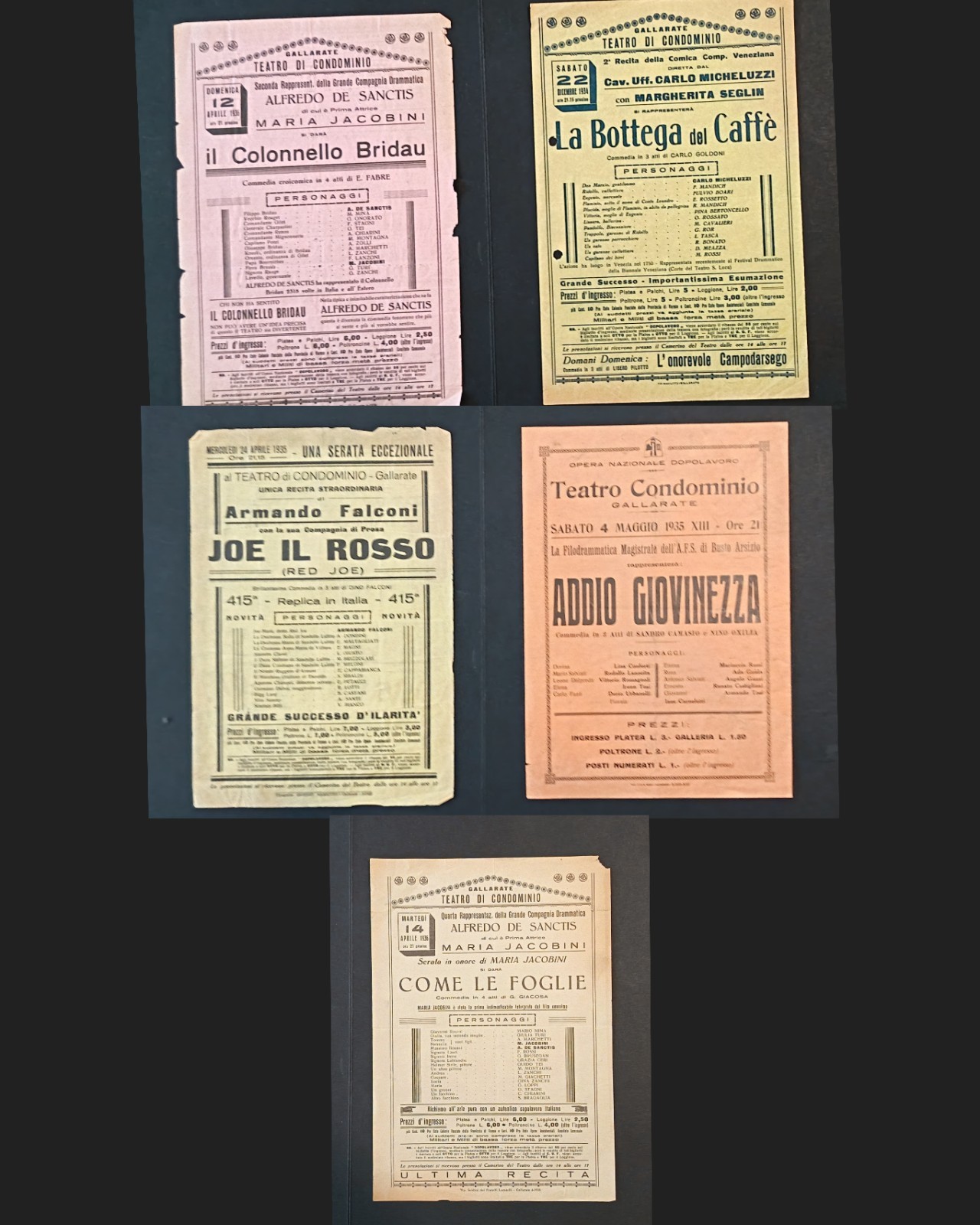 GALLARATE THEATER CONDOMINIUM 5 ORIGINAL POSTERS 1934 GOLDONI OND FASCISM