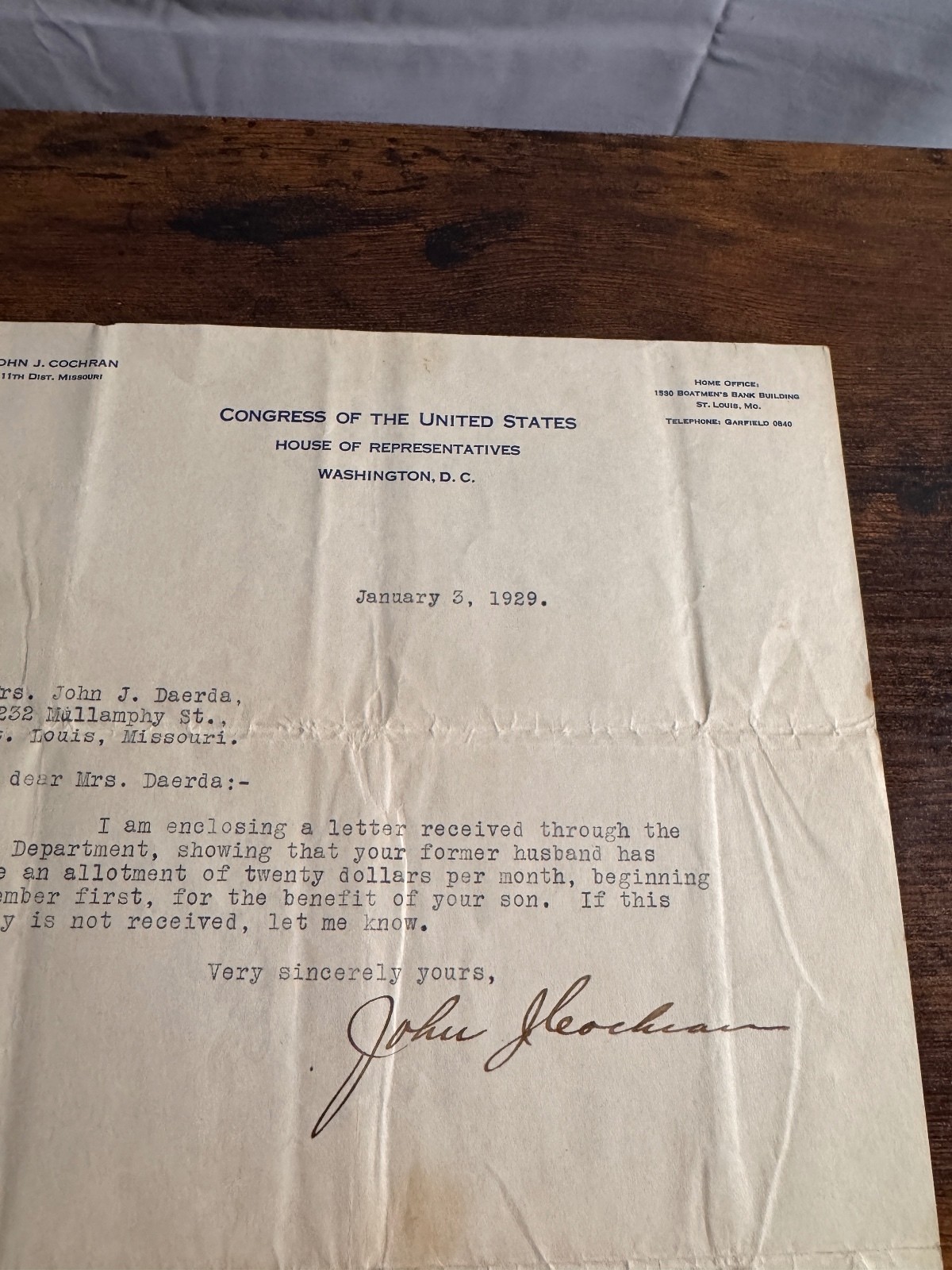 1929 Congressman John J Cochran Signed Letter House of Representatives Missouri