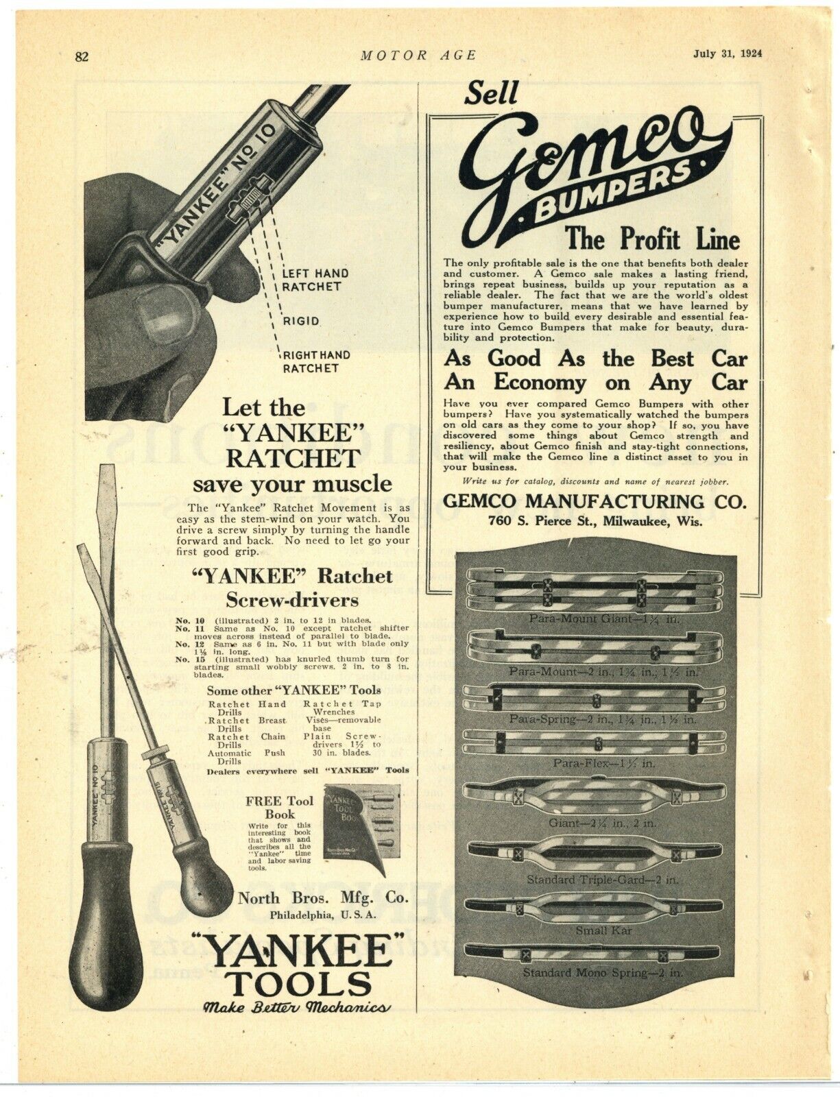 1924 North Brothers Mfg. Co. Ad: Yankee Tools - Ratchet Screwdriver No. 10