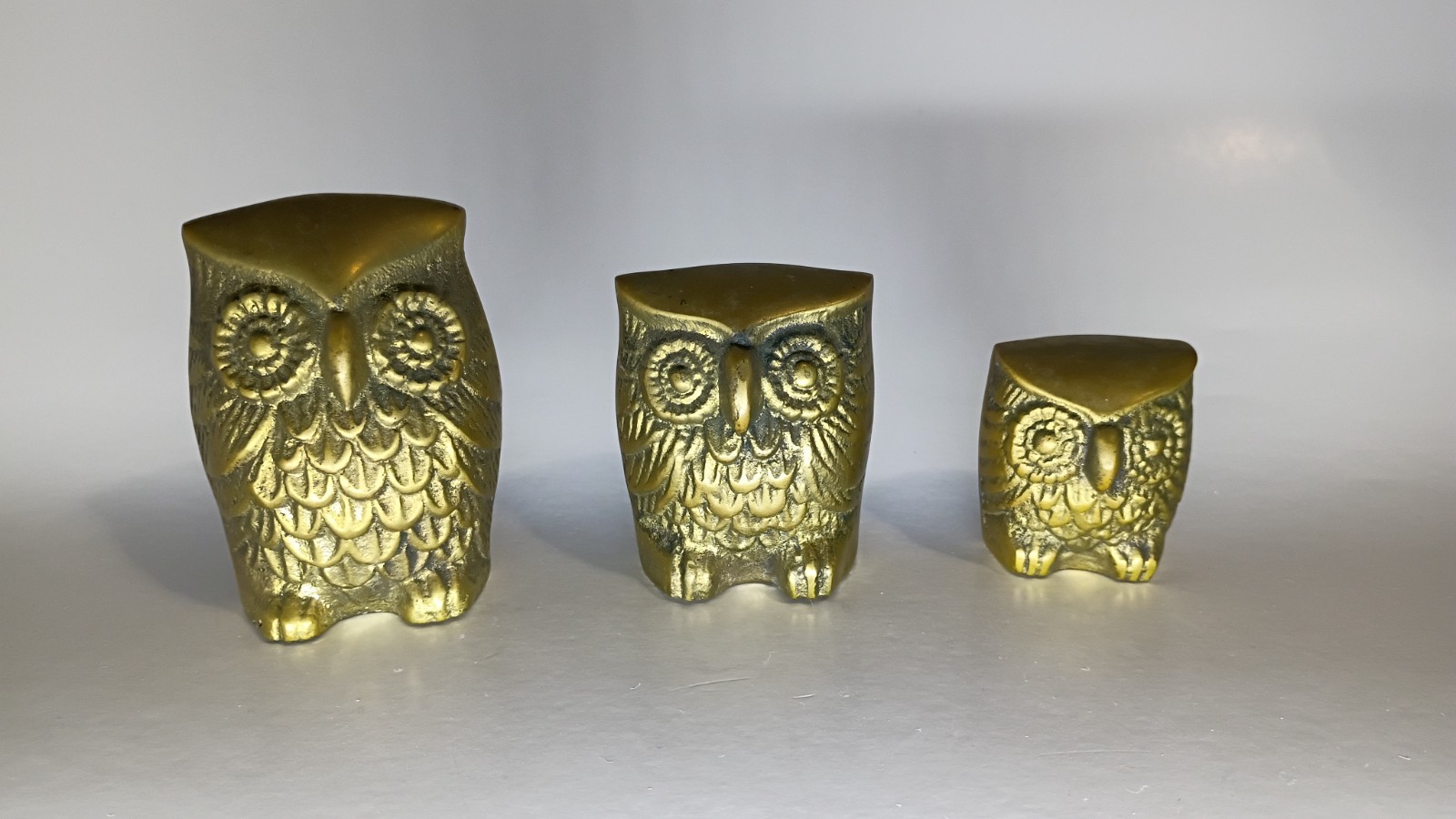 Vintage MCM Brass Set of 3 Owl Leonard Silver Mfg. Co. Solid Brass Collection
