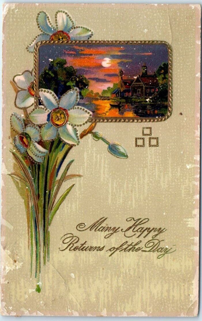 Many Happy Returns of the Day - Birthday Greeting Card - Flowers & Landscape Art