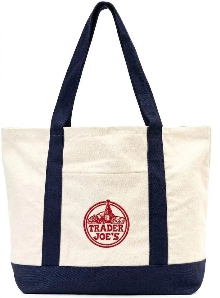 Trader Joe's Large Reusable Canvas Tote Bag Cream Navy Blue Red Logo