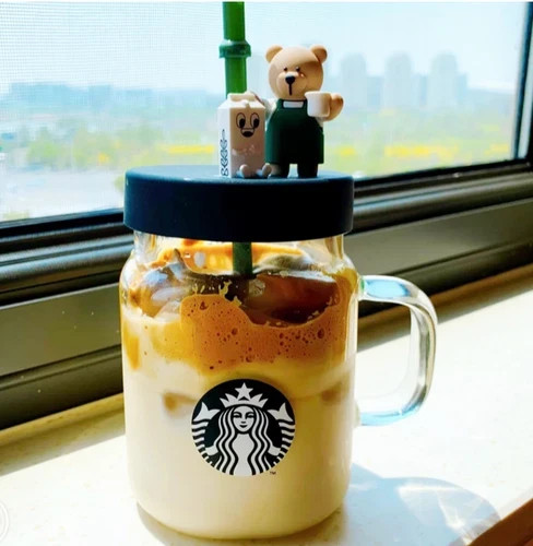 New Starbucks Green Apron Straw Cup Bear Glass Cup With Topper/Lid 600ml Gift