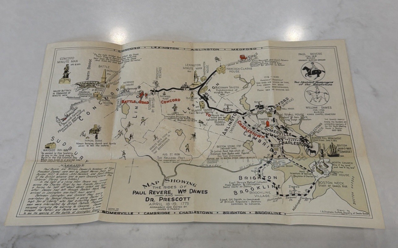 1929 Map Rides Of  Paul Revere, William Dawes, Dr. Prescott, April 18-19, 1775