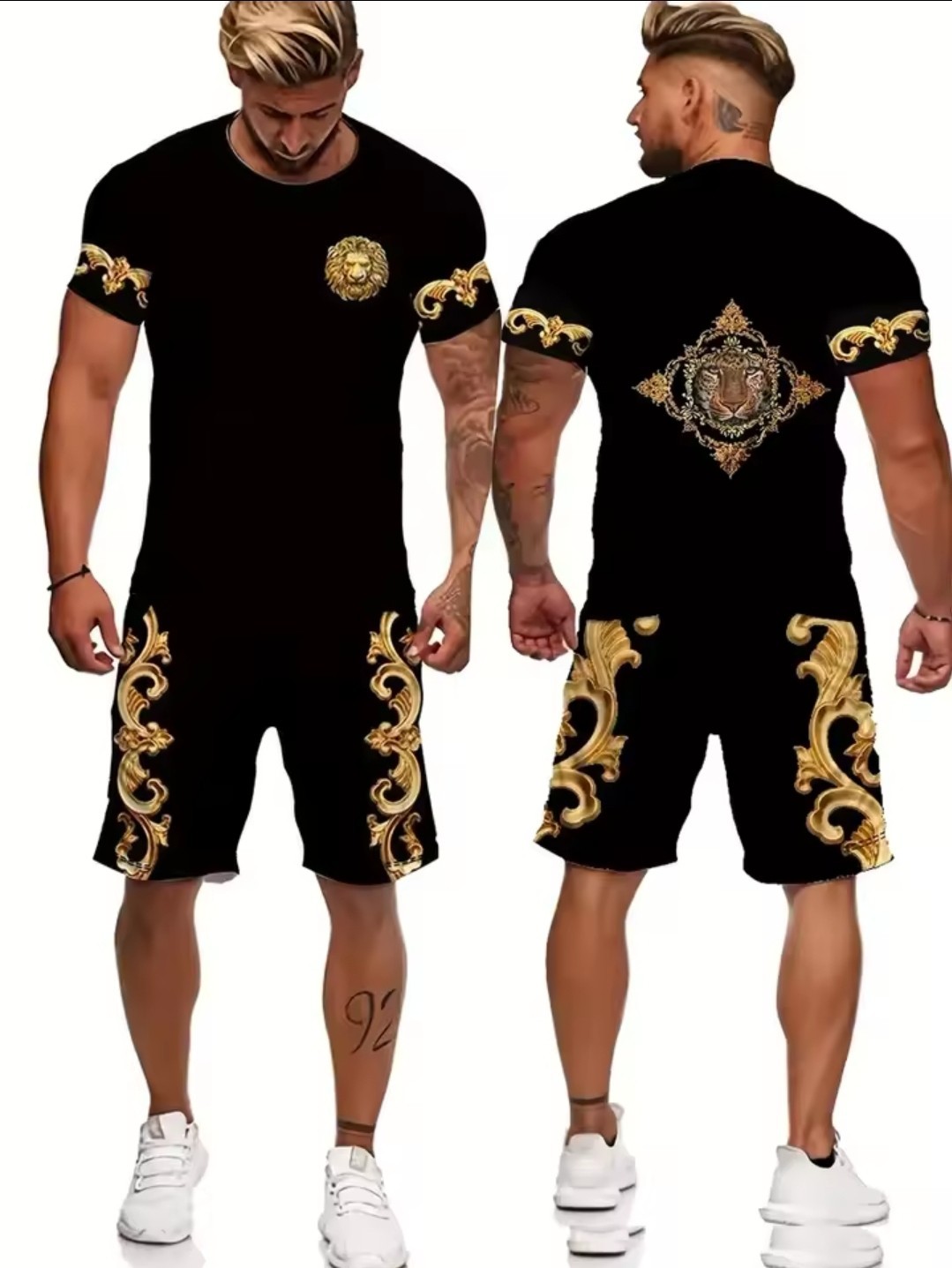 2Pcs Short Sleeve T-Shirt Set Men\'s Black Gold Lion Polo Relaxed Summer
