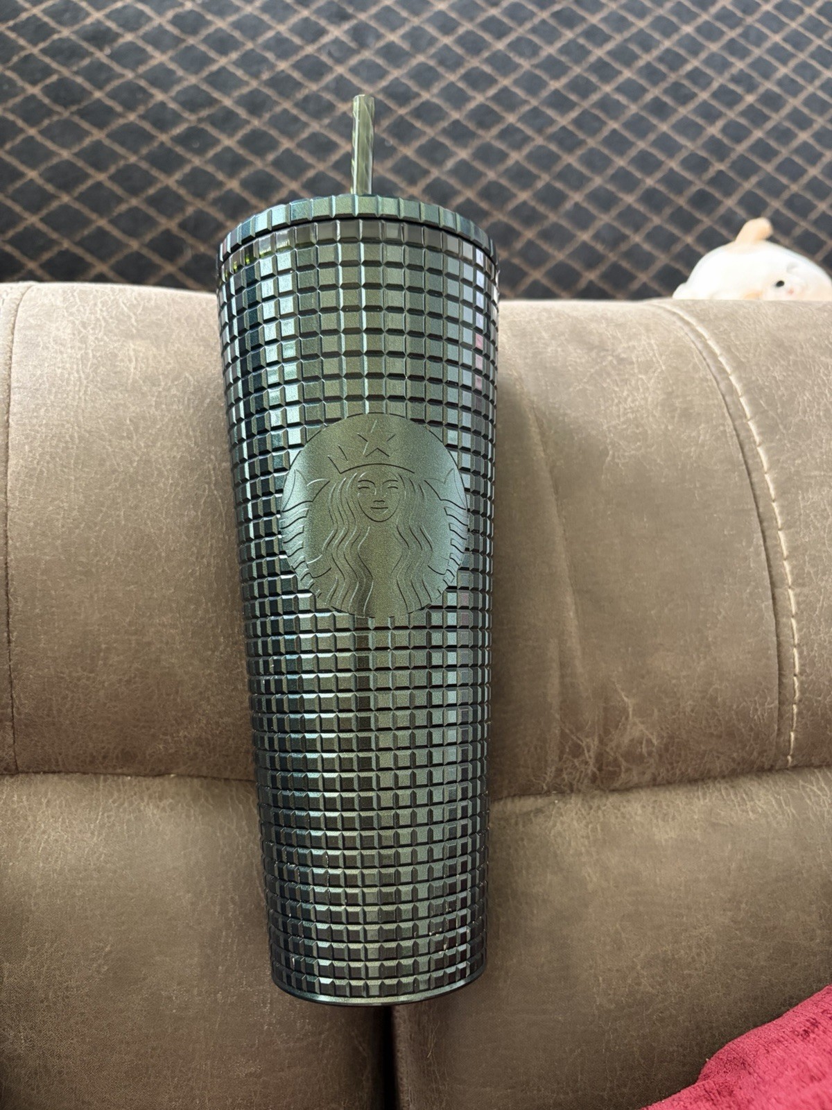 Starbucks Dark Green Grid Texture Siren Logo Tumbler w/ Straw 24 oz New