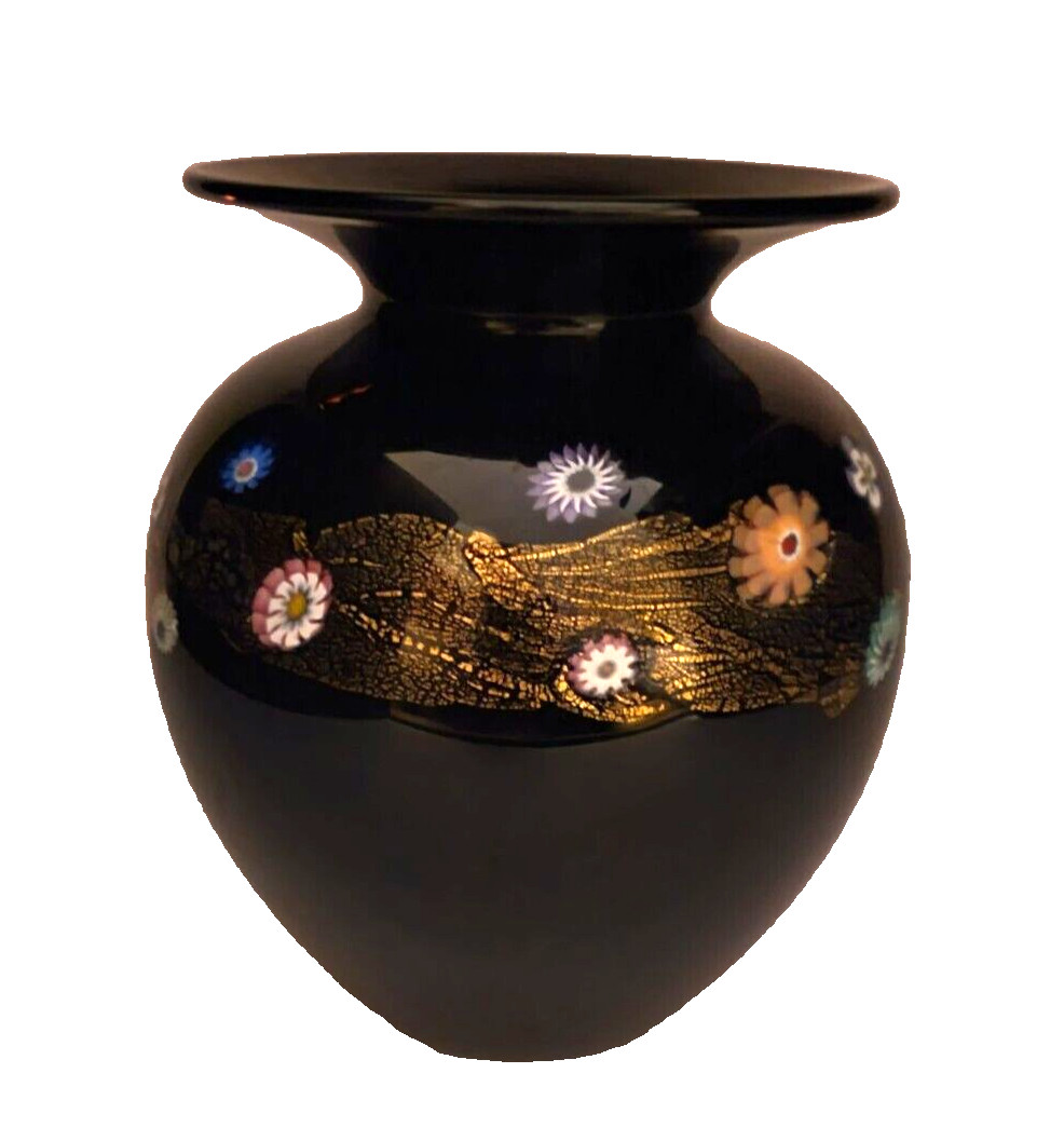 Ken & Ingrid HANSON Art Glass Blossom Vase Black & Millefiori 7