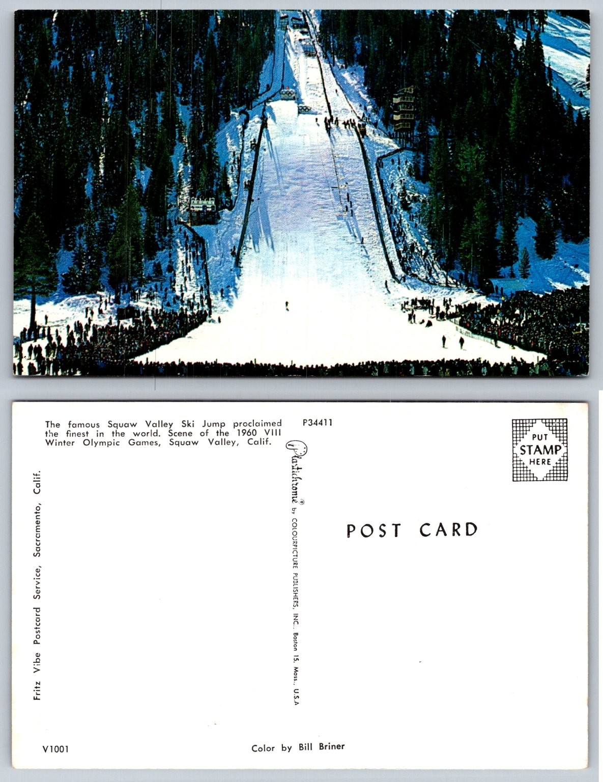 1960 Squaw Valley Winter Olympics Ski Jump Postcard Color by Bill Briner