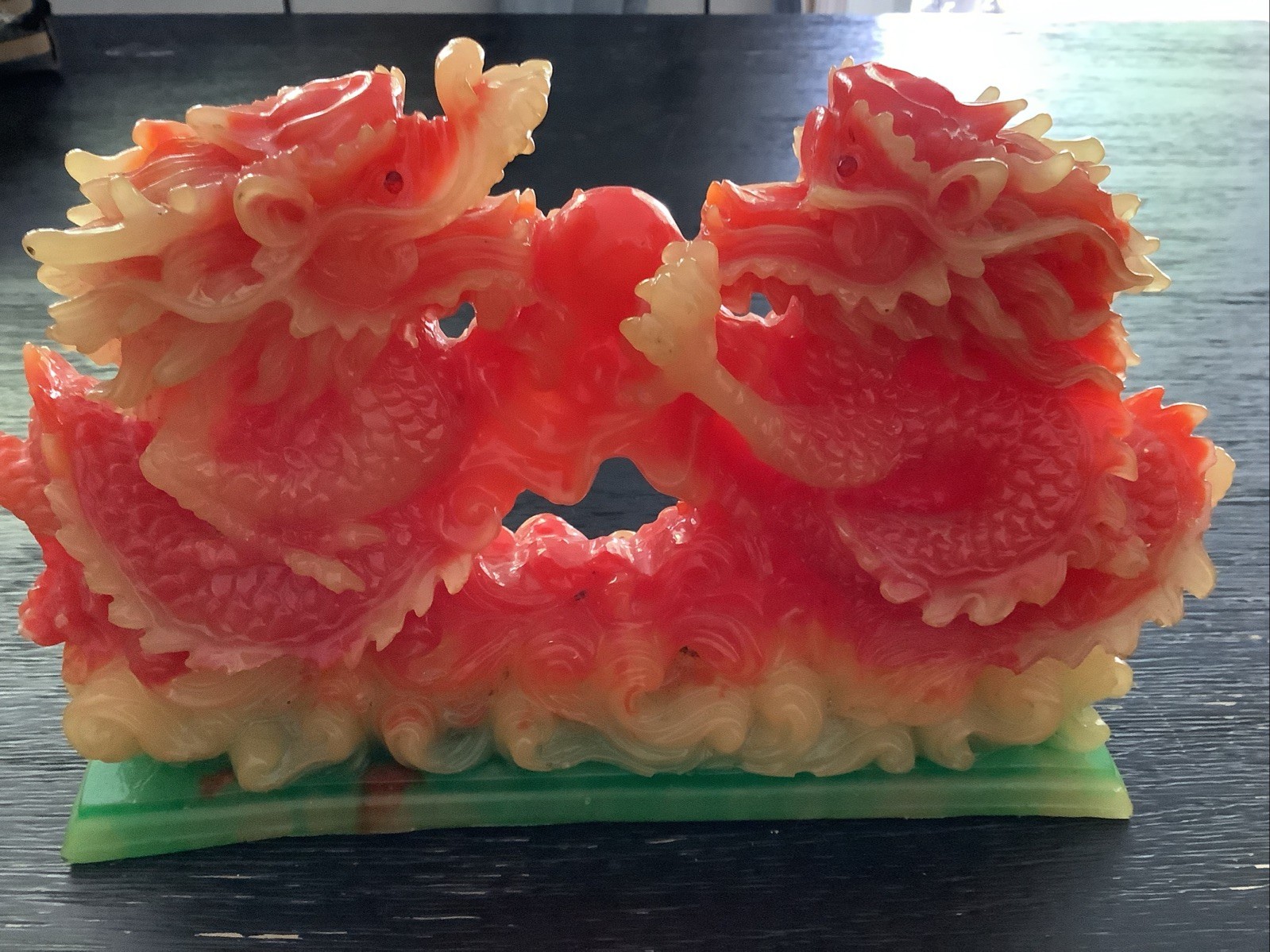 Vintage Double Dragon Sculpture Translucent Pink Green Resin Asain Style