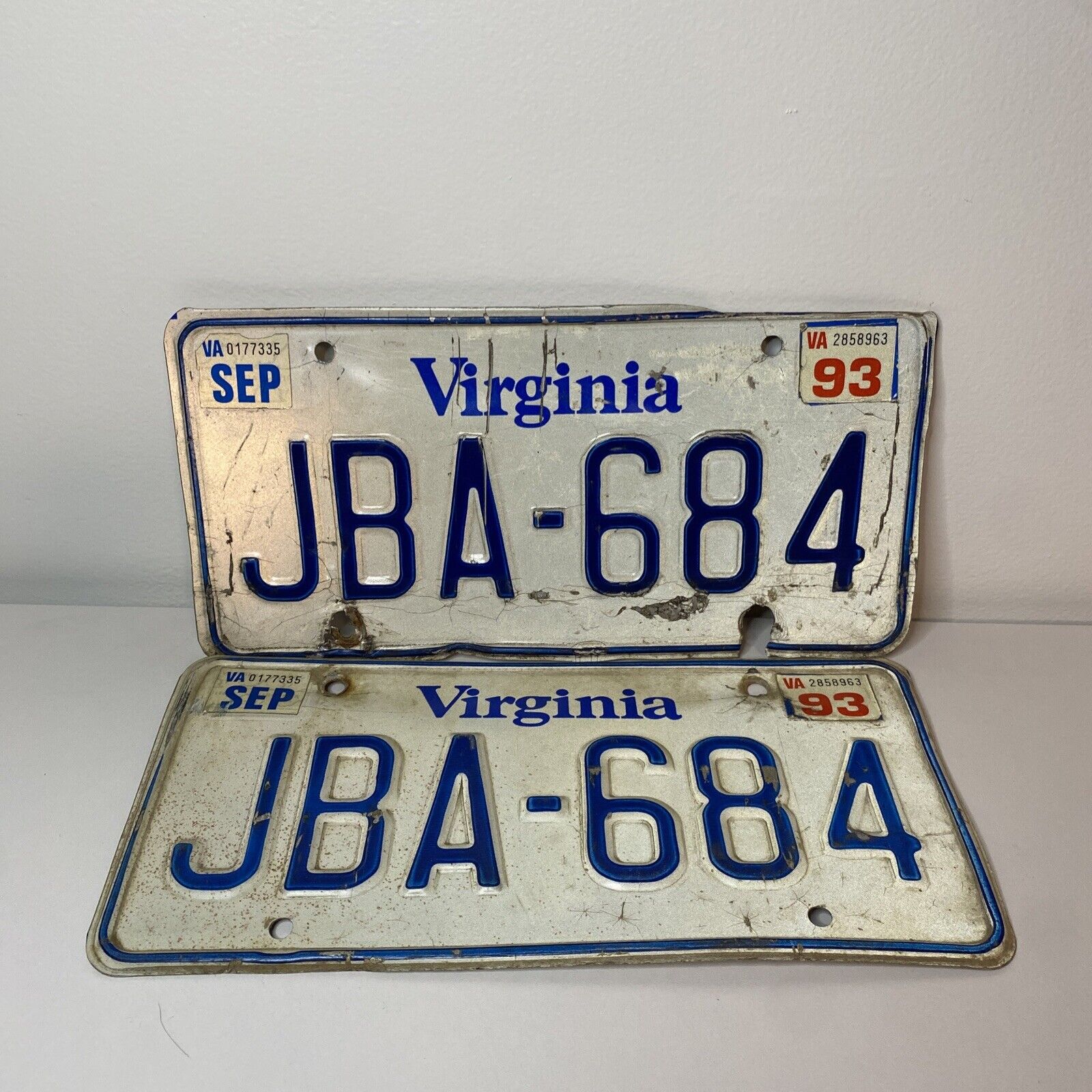 Vintage License Plate Tags Virginia VA Pair Set JBA-684 93 Matching Set EXPIRED