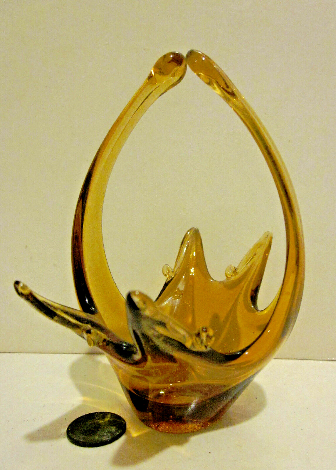 Vintage Hand Blown Art Glass Basket Amber Yellow, Long Handles, 4 Points, 5\