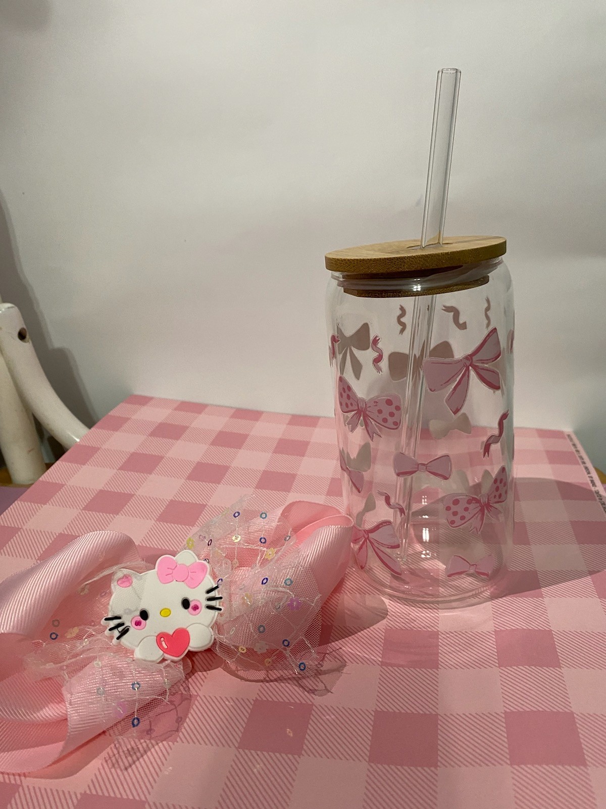 Aesthetic 3D Pink Bow Glass Cup with Bamboo Lid & Straw,16OZ Bows Glass Coffe...