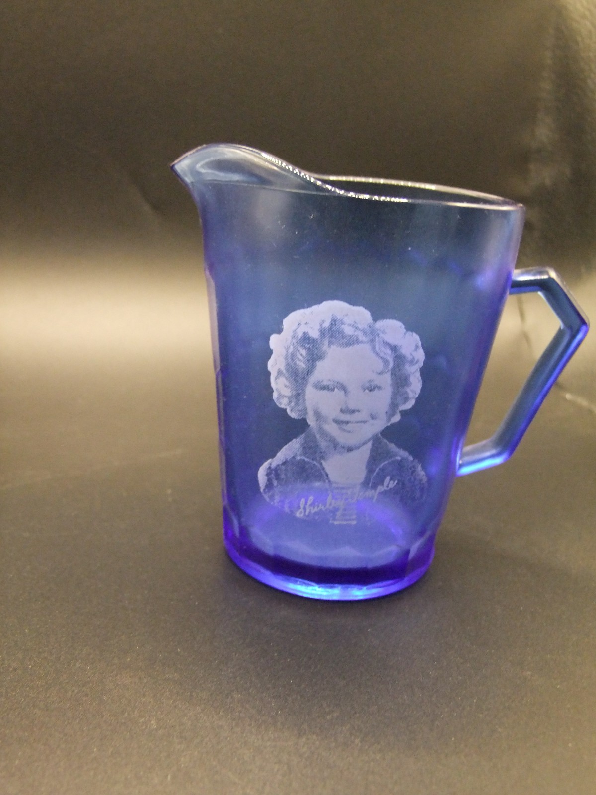 Vintage Shirley Temple Mini Blue Glass Pitcher Creamer Child Portrait