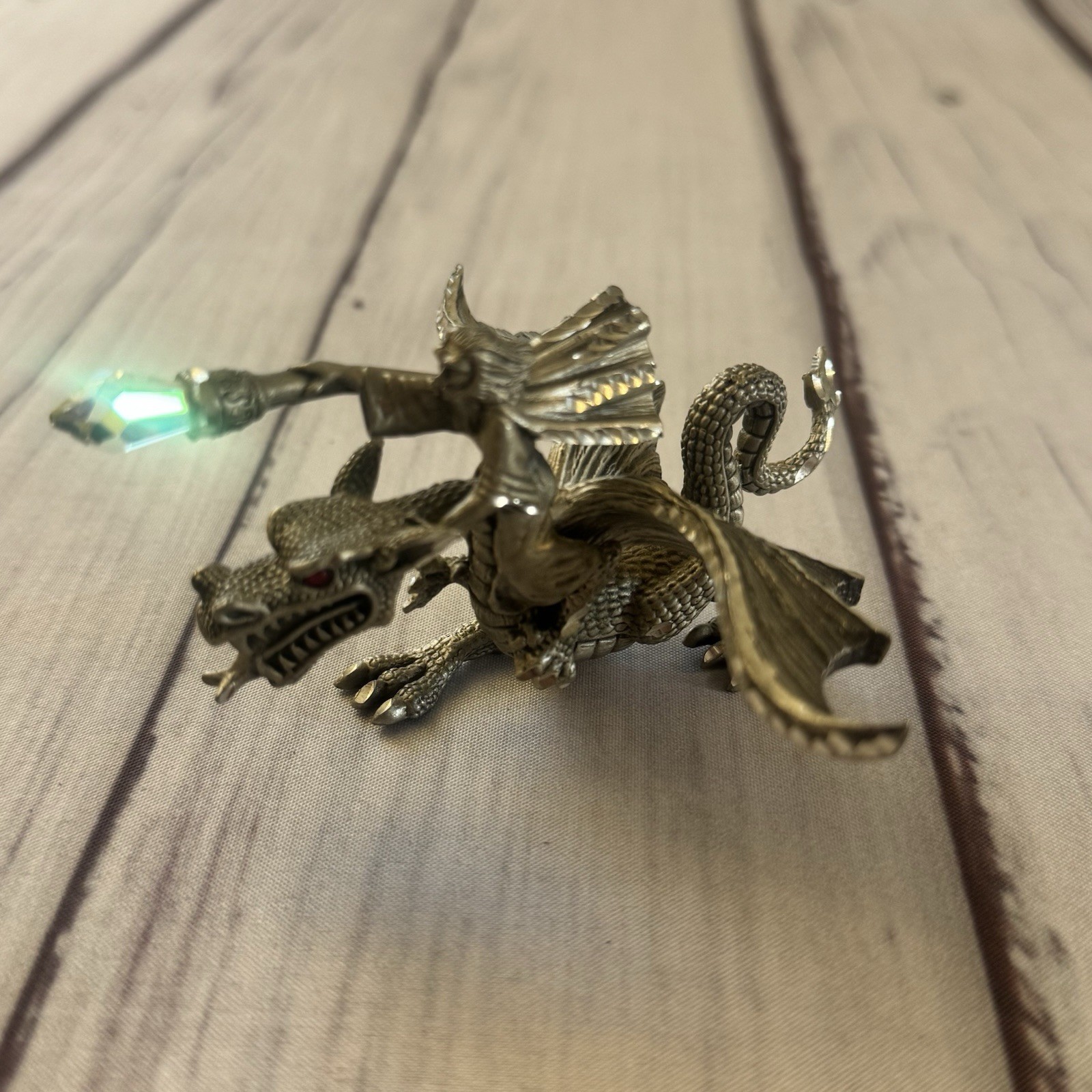 1989 Masterworks Fine Pewter Wizard Riding Dragon Crystal Staff Fantasy Figure