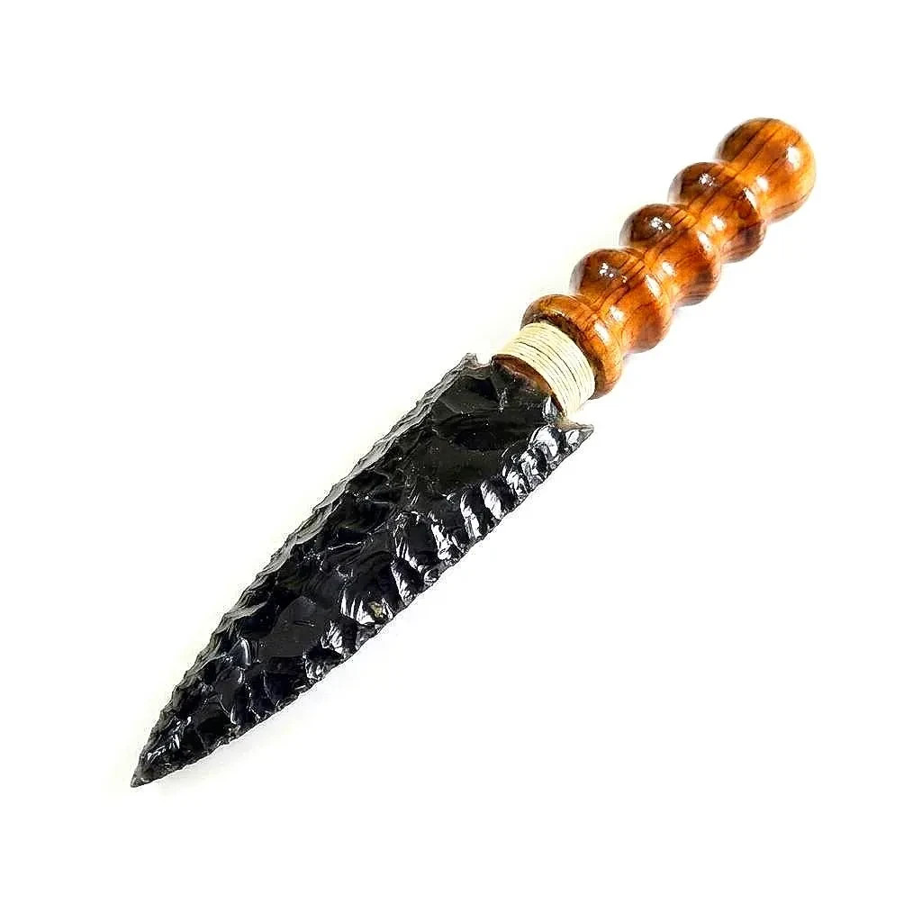 Black Obsidian Dagger Hand Knapped Athame Wood Handle Ritual Knife Primitive Gif