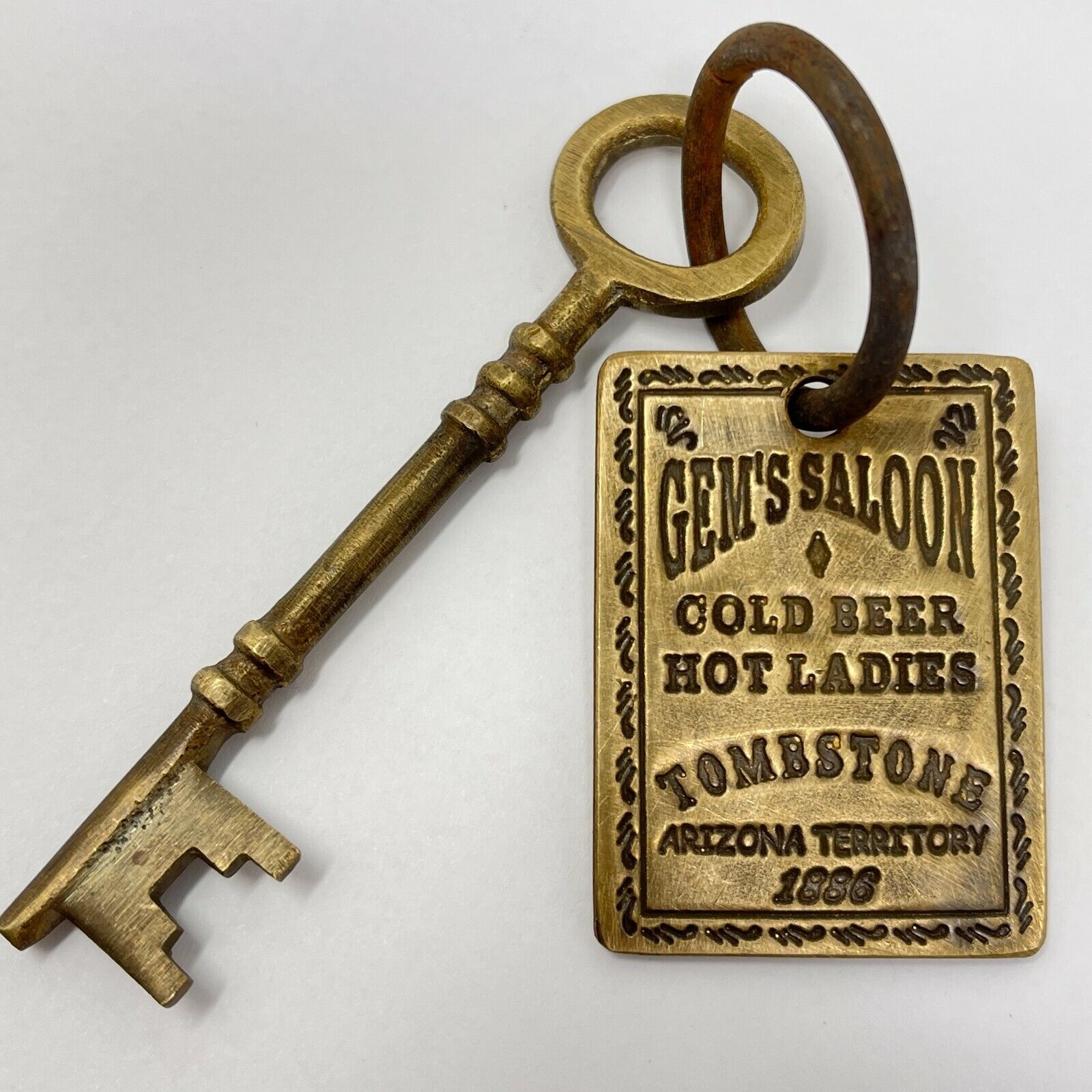Gem's Saloon 1886 Tombstone Brothel Room Solid Brass Tag & Key W/ Antique Finish
