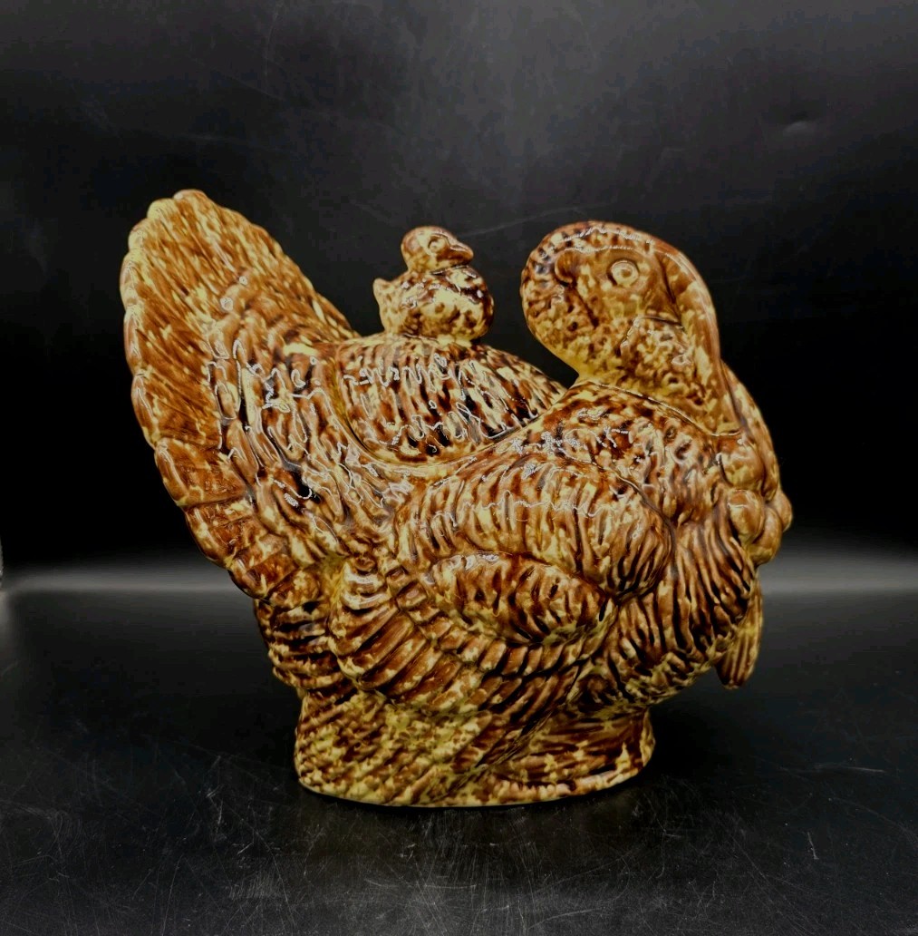 RARE 1930S Morton Pottery USA Brown Spatterware Turkey w/Chick Cookie Jar