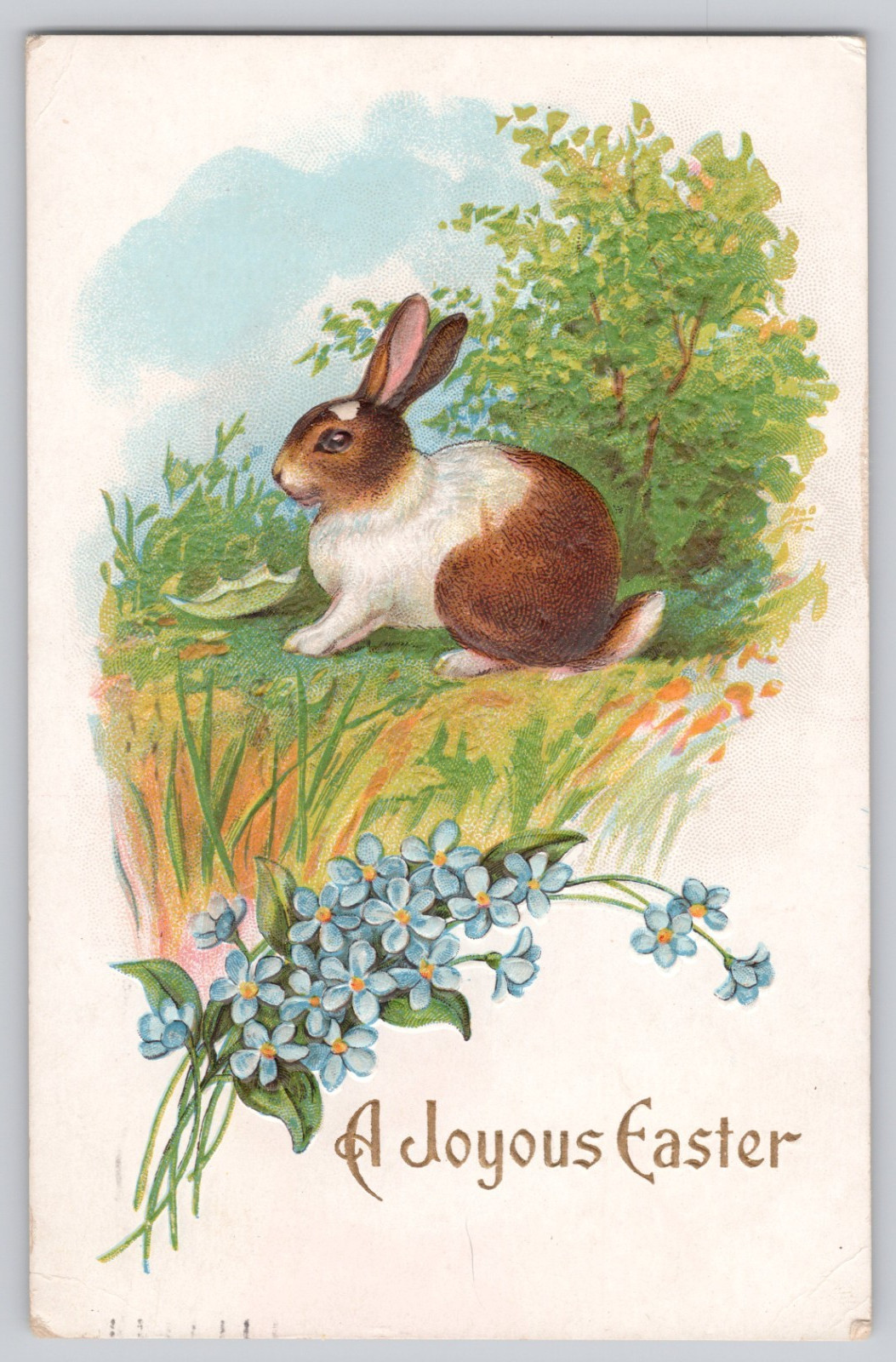 Easter Postcard – Rabbit with Blue Flowers A Joyous Easter Embossed 1909