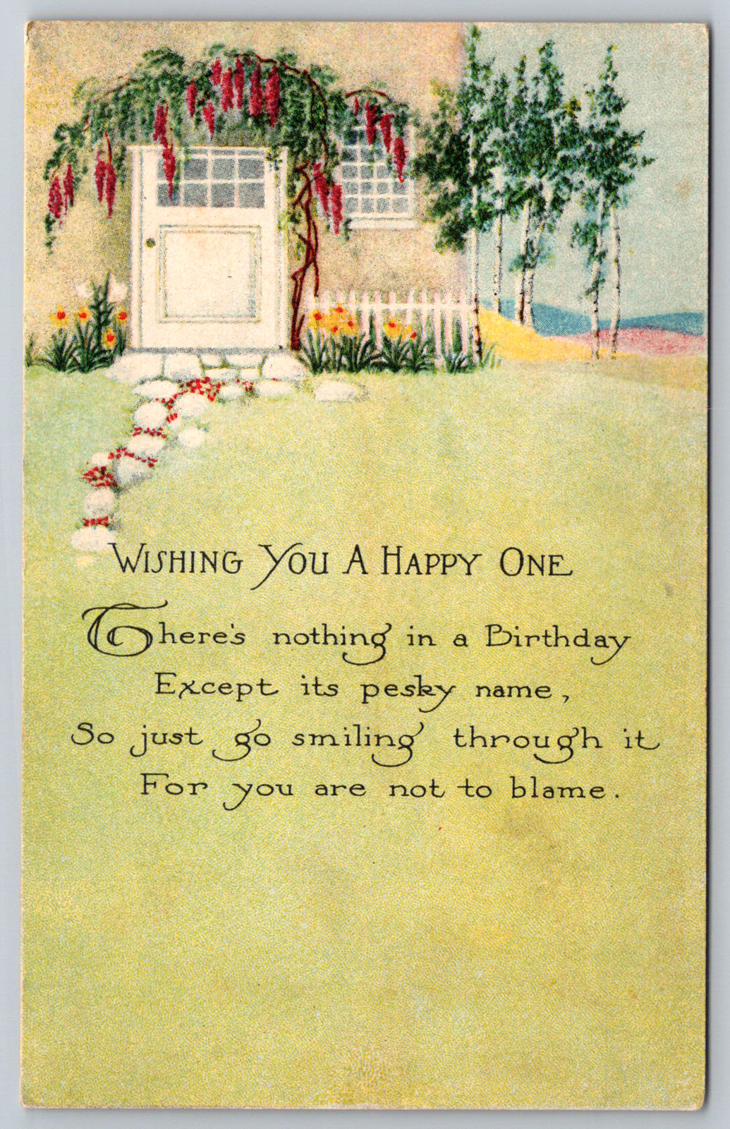 c1910s Wishing You a Happy Birthday Cottage Garden Flowers Antique Postcard